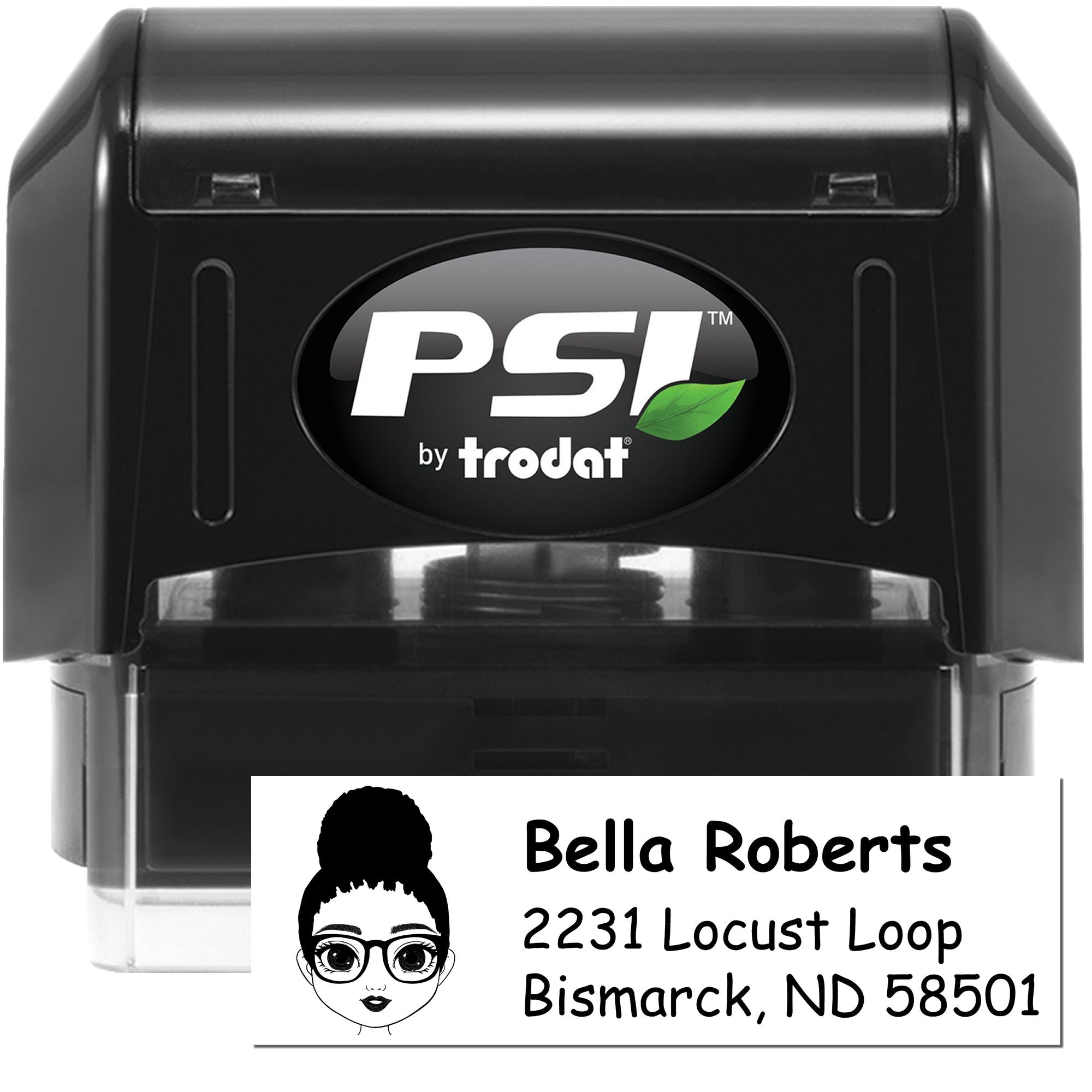 PSI by Trodat self-inking custom address rubber stamp with personalized return address for Bella Roberts, Bismarck ND 58501