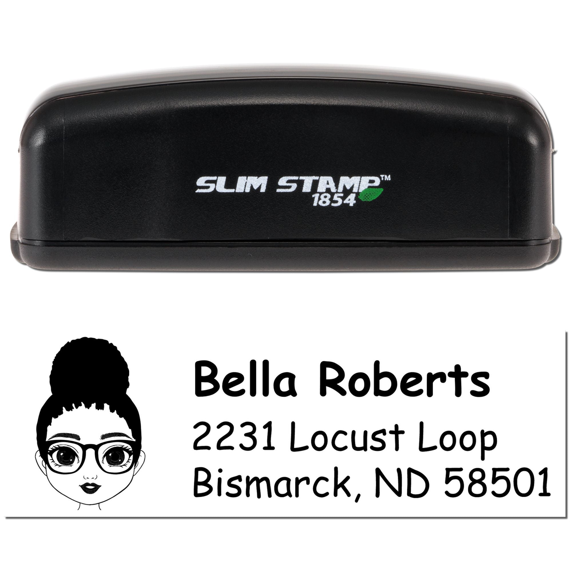 Slim Stamp 1854 custom return address rubber stamp with personalized name, address, and avatar logo.
