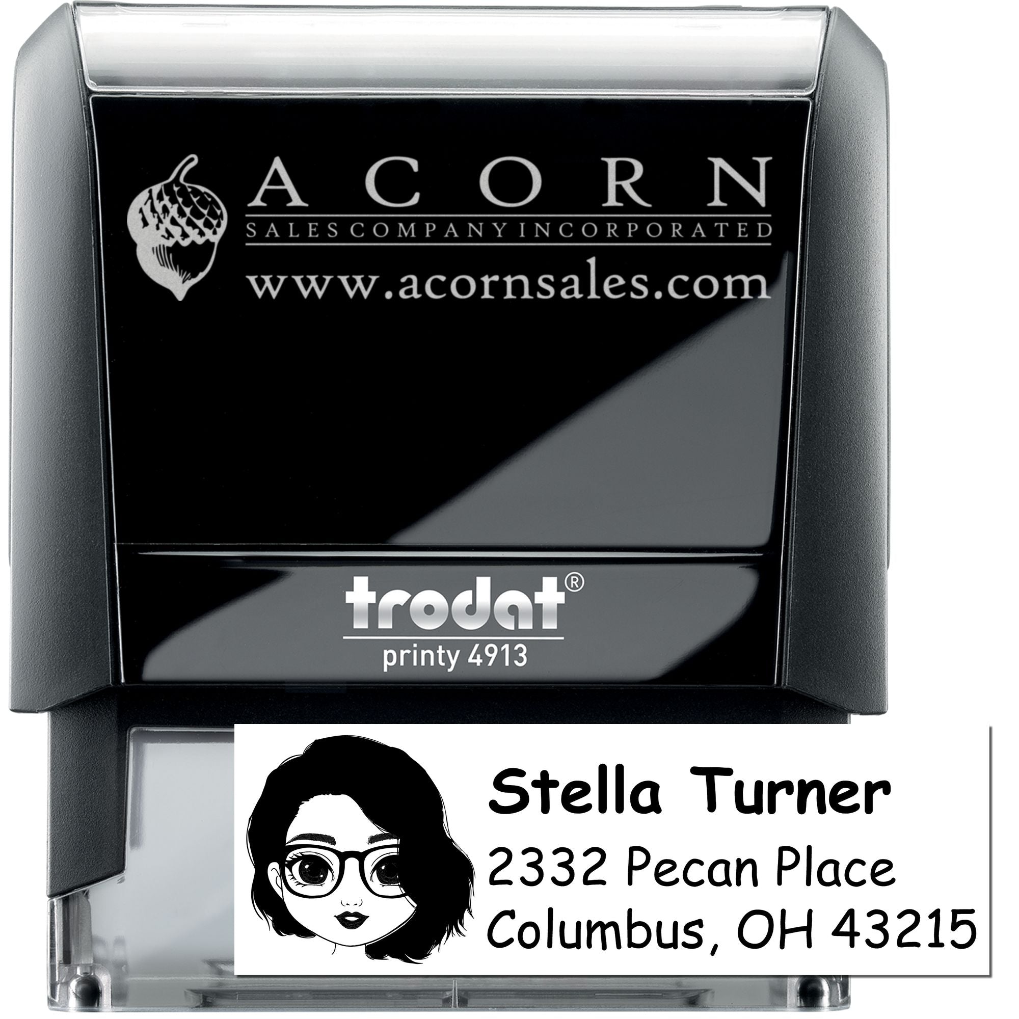Trodat Printy 4913 self-inking rubber stamp showing custom logo and address stamp examples for business branding and mailing