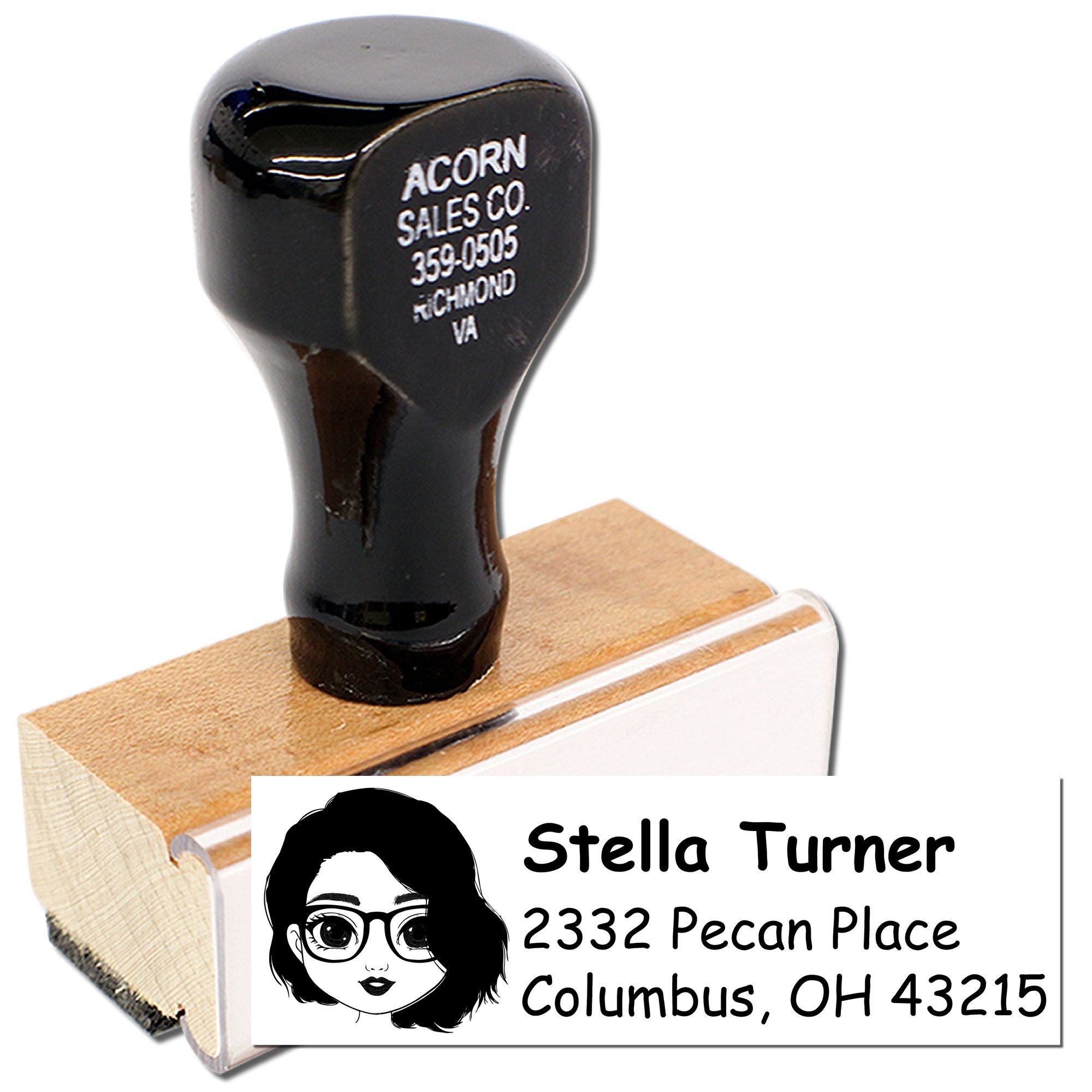 Custom address rubber stamp with avatar, Stella Turner name, and Columbus, OH 43215 mailing address for envelopes.