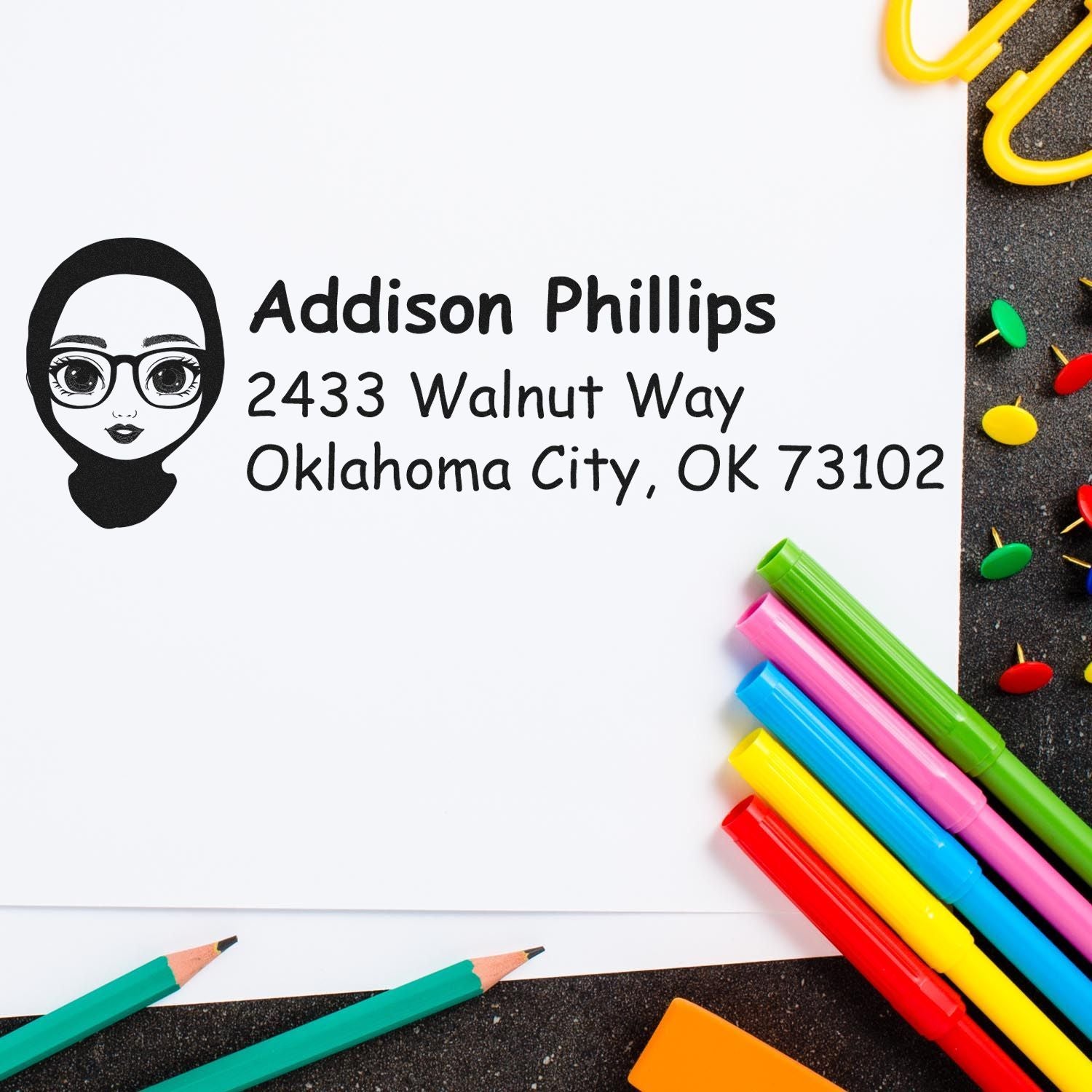 Custom return address rubber stamp for Addison Phillips, Oklahoma City, OK, with personalized name and address design.