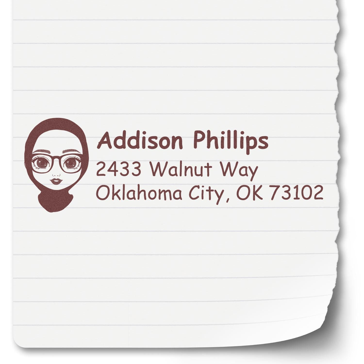 Custom return address stamp for Addison Phillips, 2433 Walnut Way, Oklahoma City, OK 73102.