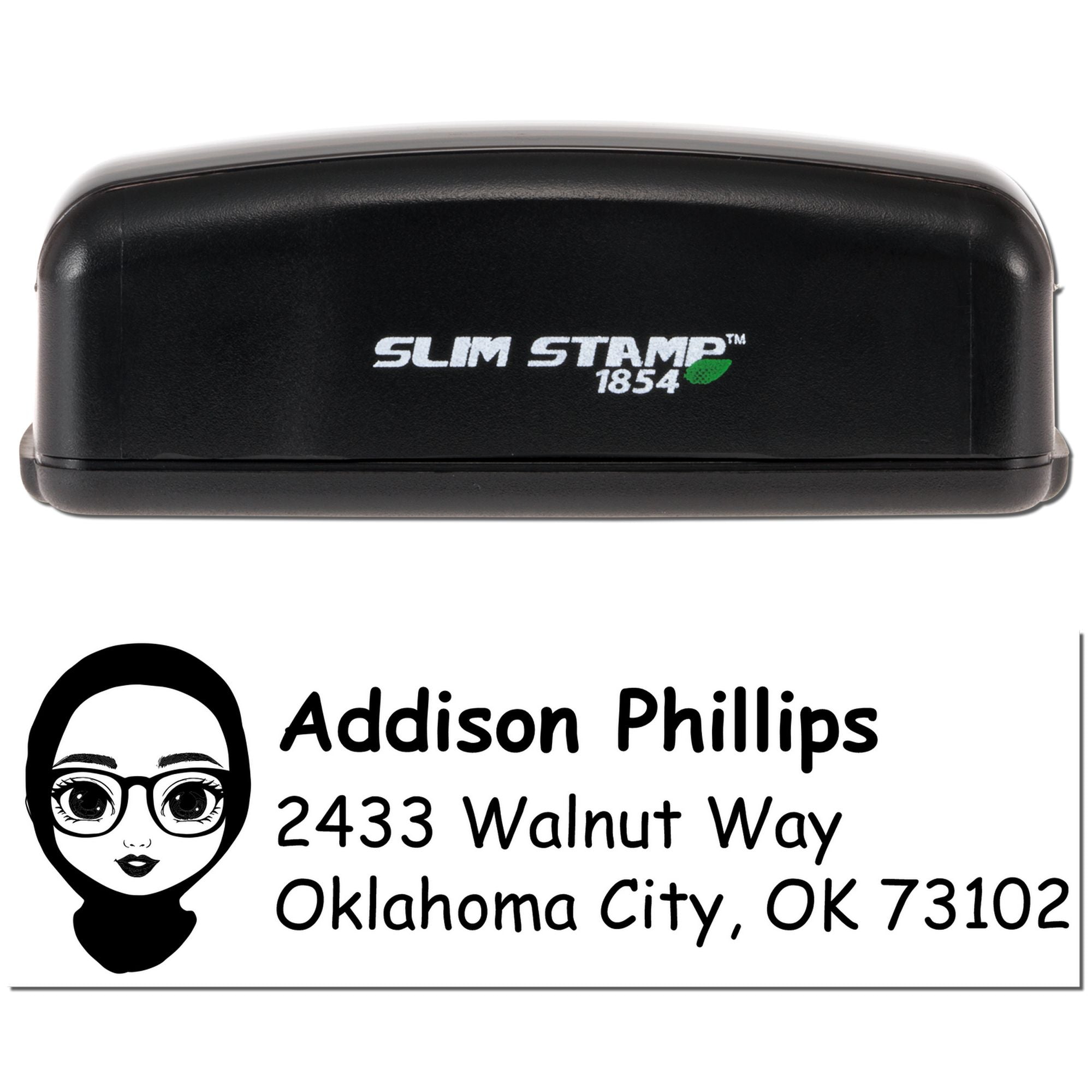 Slim Stamp 1854 self-inking custom address rubber stamp with personalized name, address, and avatar.