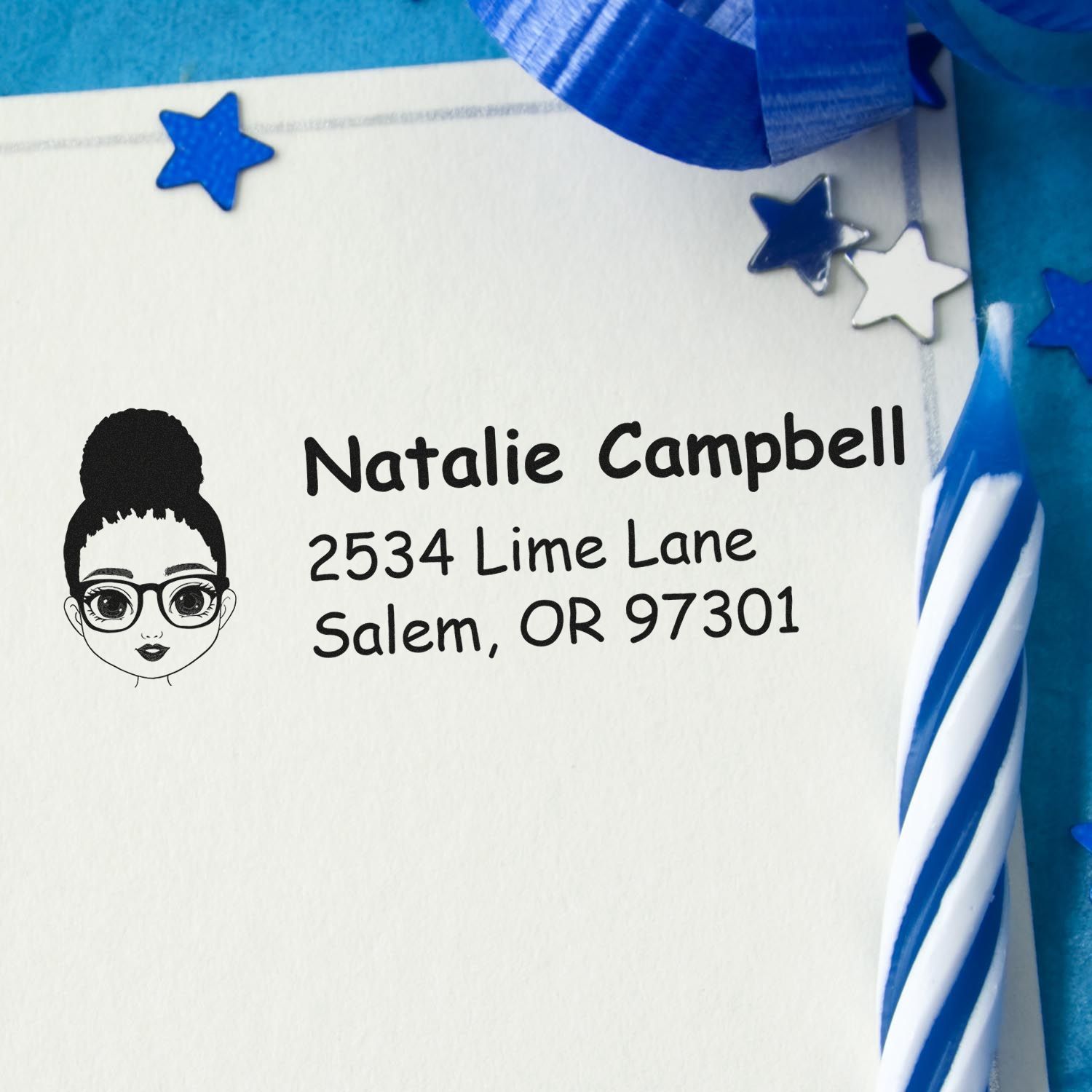 Personalized return address rubber stamp with girl illustration for Natalie Campbell, Salem, OR, on envelopes and invitations.