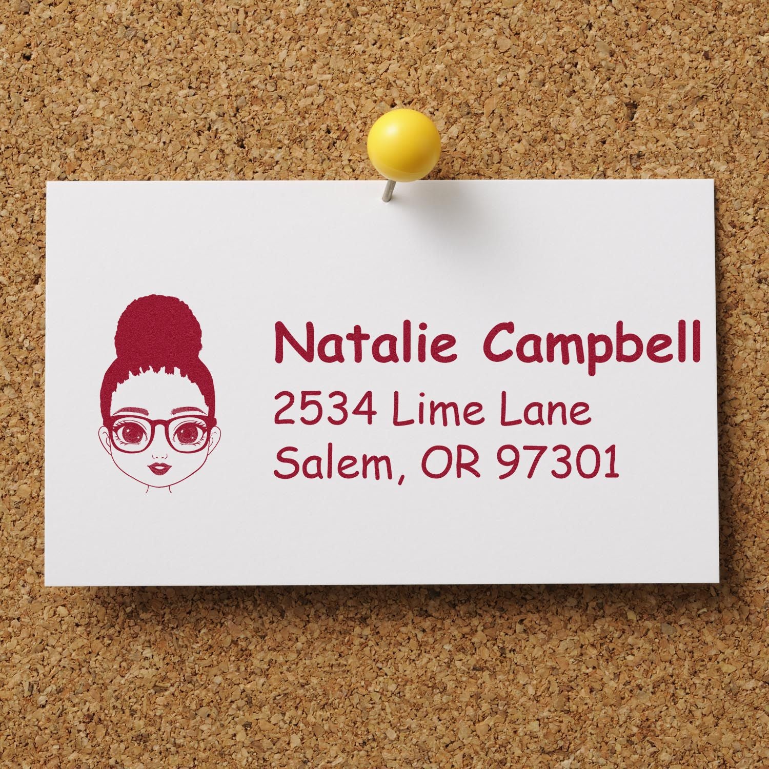 Custom return address rubber stamp with girl illustration, featuring Natalie Campbell, 2534 Lime Lane, Salem, OR 97301.