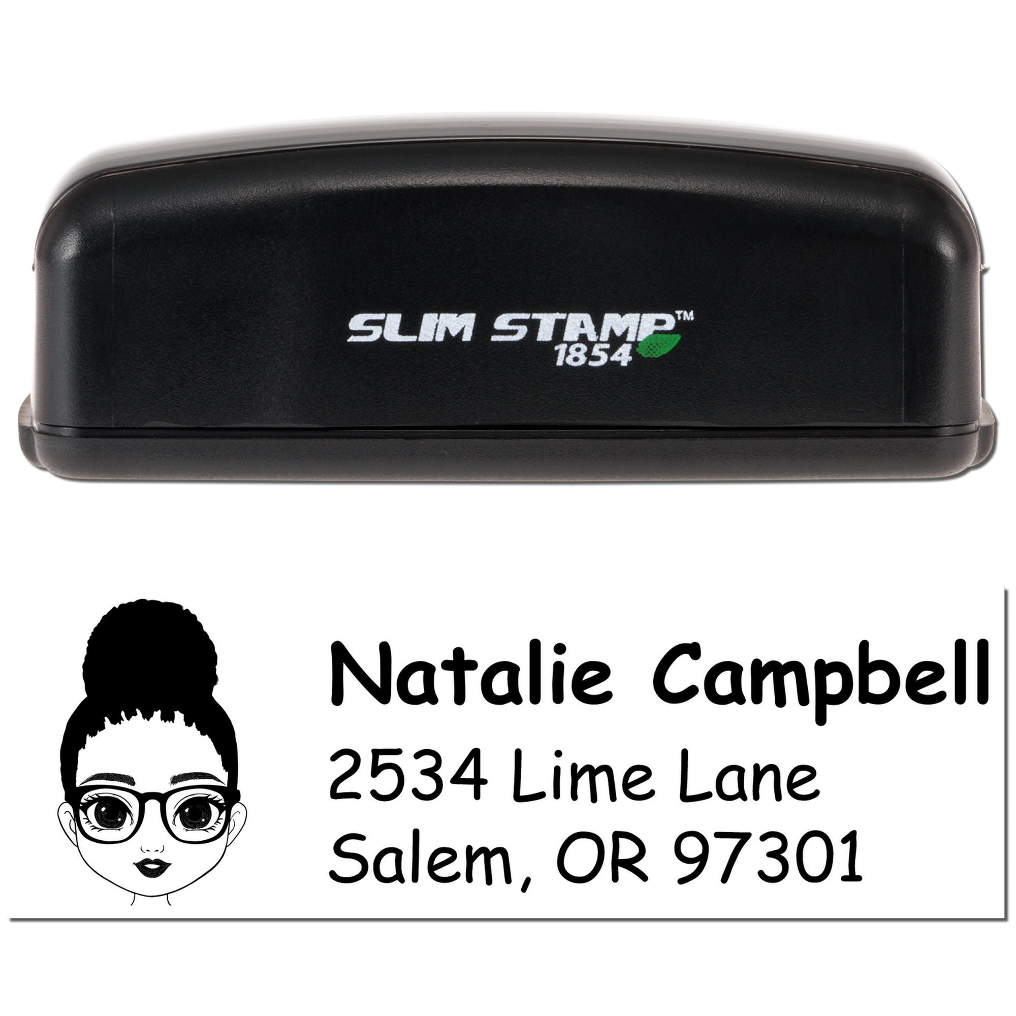 Slim Stamp 1854 self-inking custom address rubber stamp featuring name, address, and avatar design for mailing.