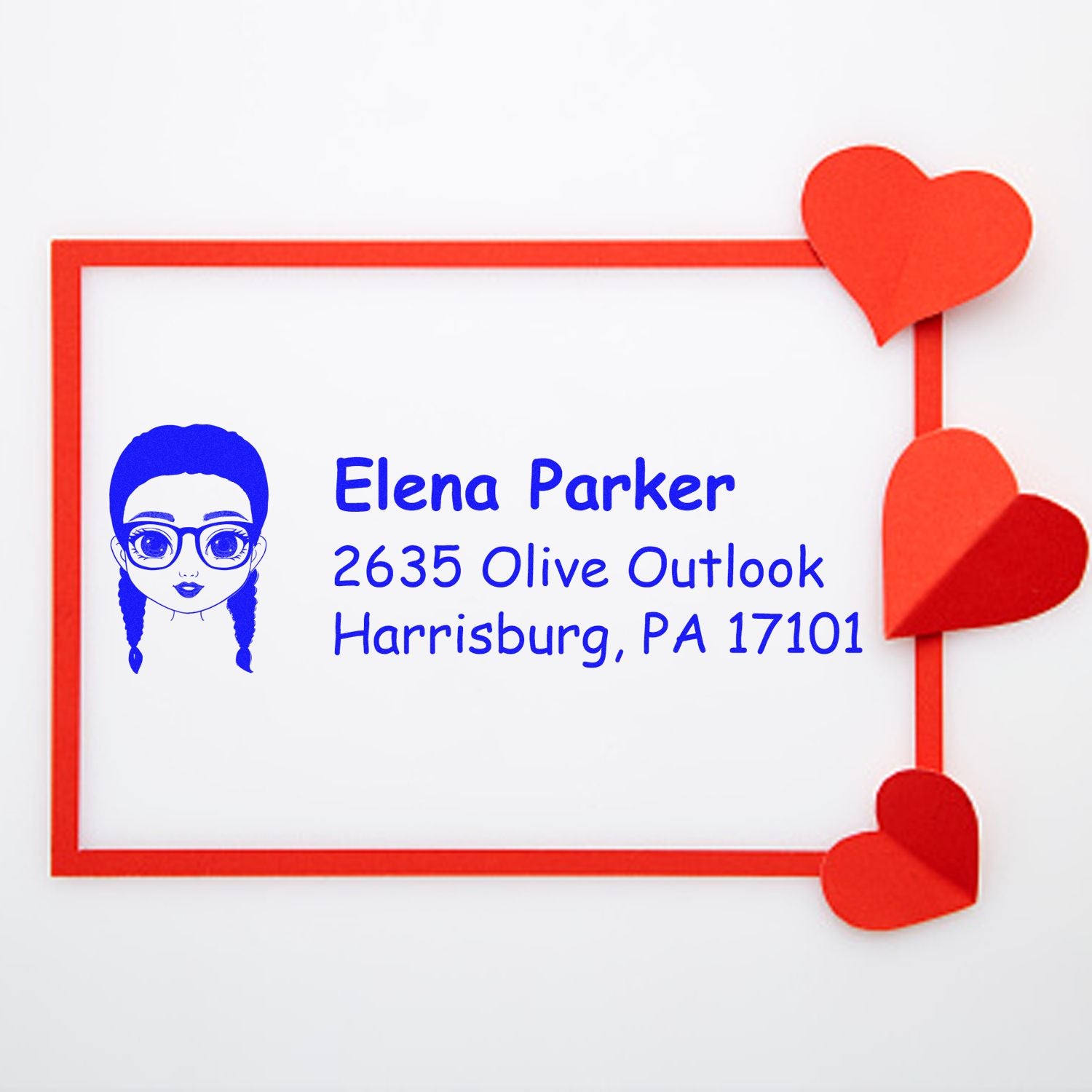 Personalized return address rubber stamp with heart border for wedding invitations and handmade stationery.