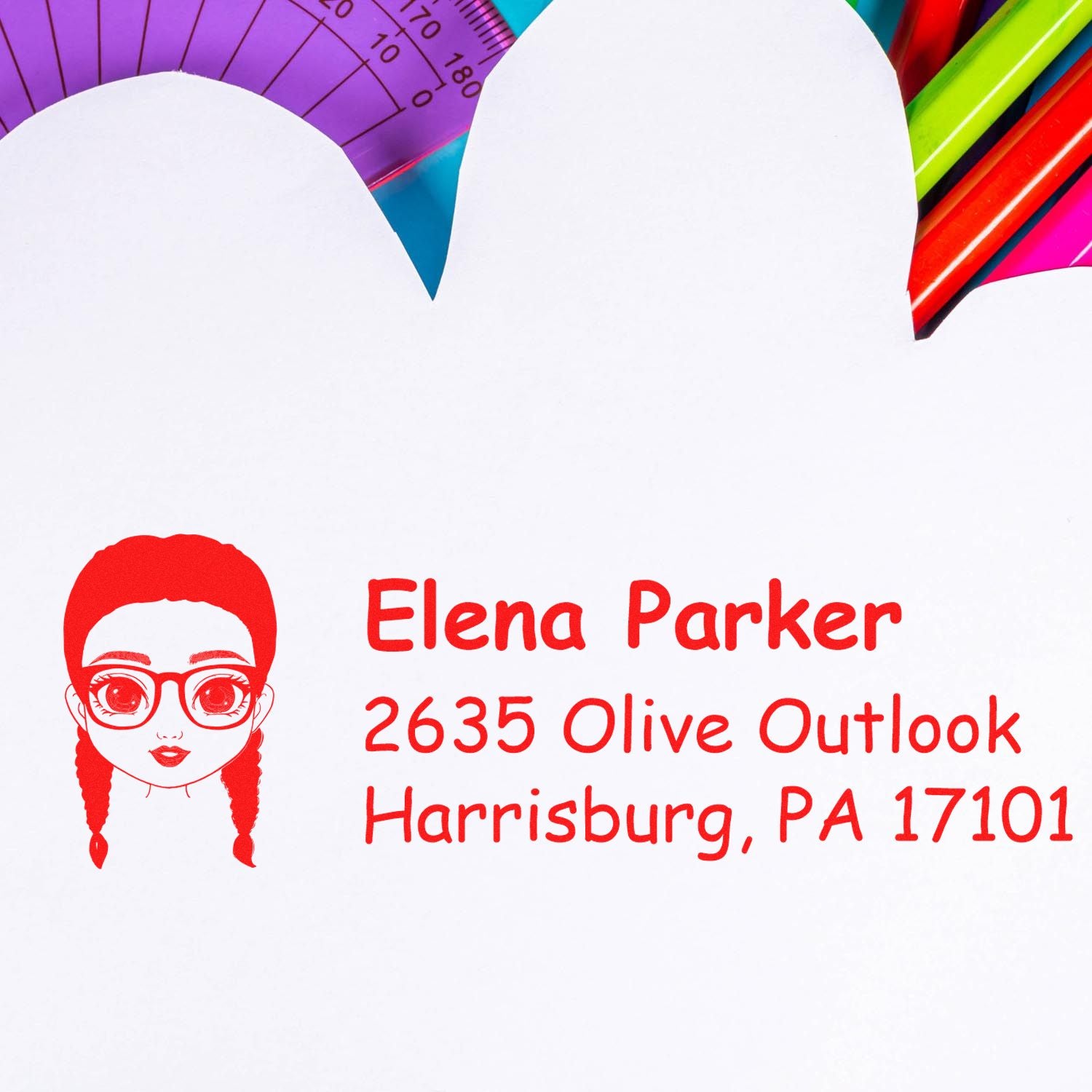 Custom return address rubber stamp with logo for Elena Parker, Harrisburg, PA 17101.