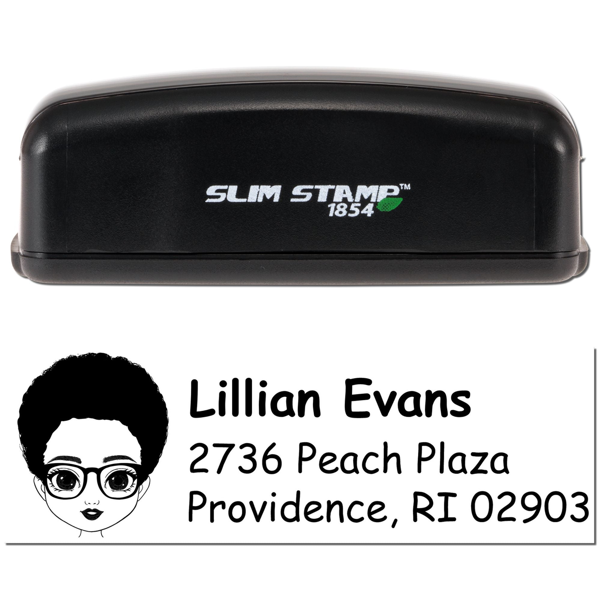 Custom address rubber stamp with Slim Stamp 1854 self-inking case, Lillian Evans name, and Providence RI mailing address.