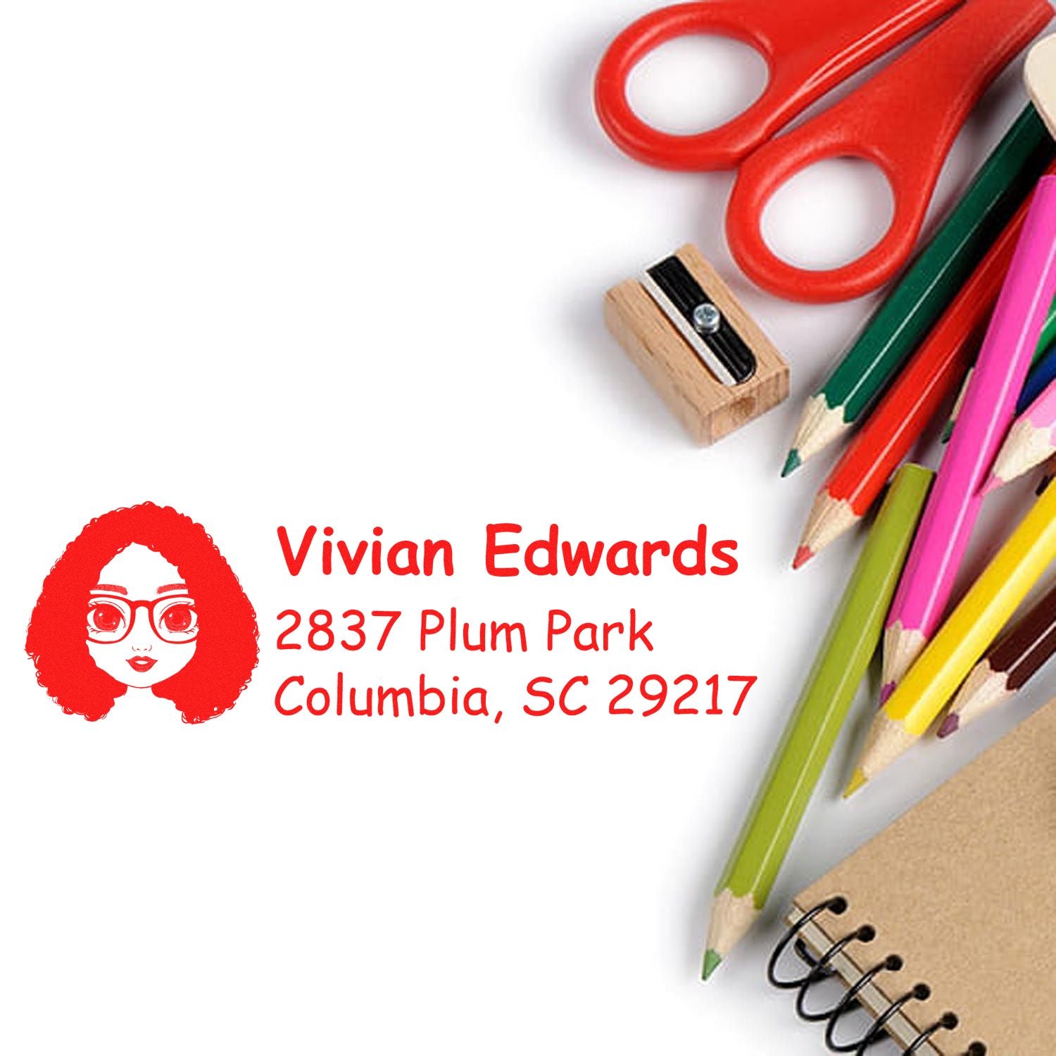 Custom rubber address stamp with name and Columbia, SC mailing details for personalized envelopes and stationery.