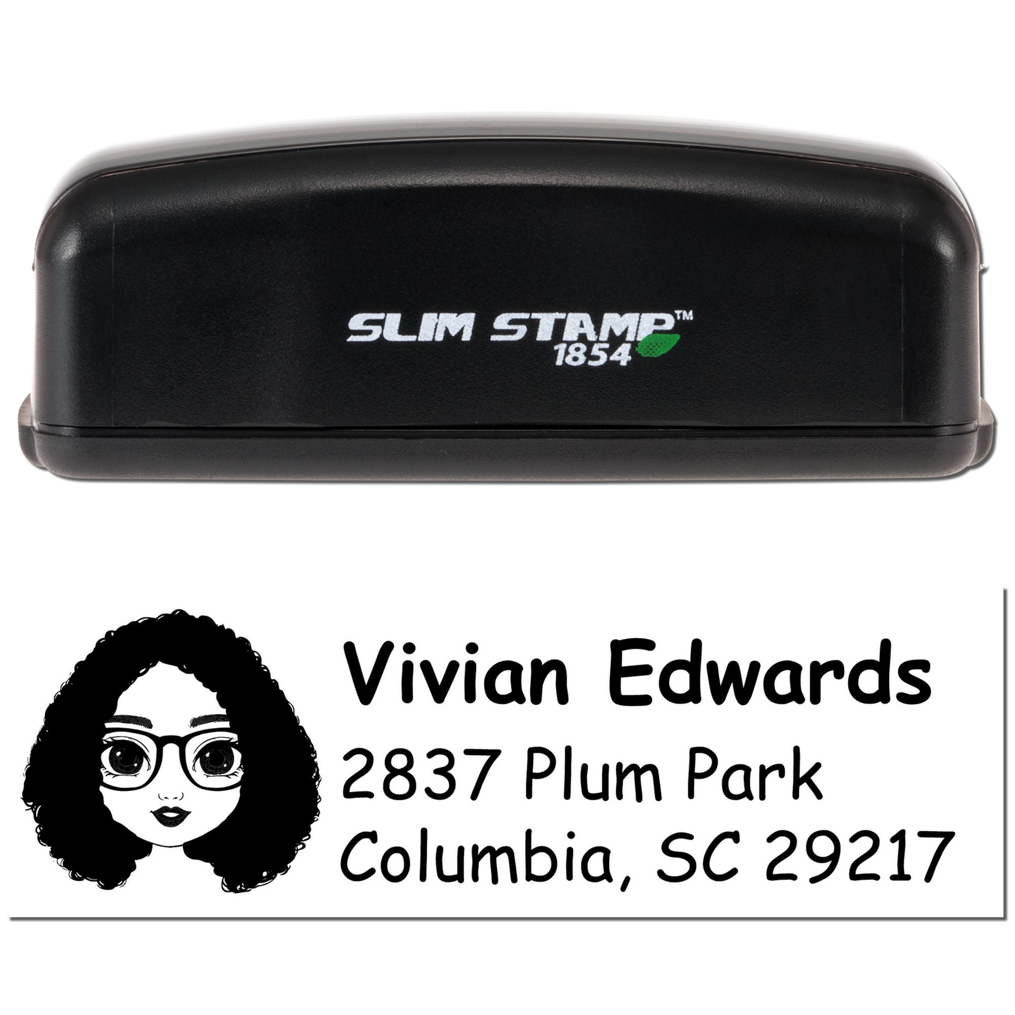 Slim Stamp 1854 custom self-inking rubber address stamp with Vivian Edwards, Columbia SC 29217 imprint and portrait icon.