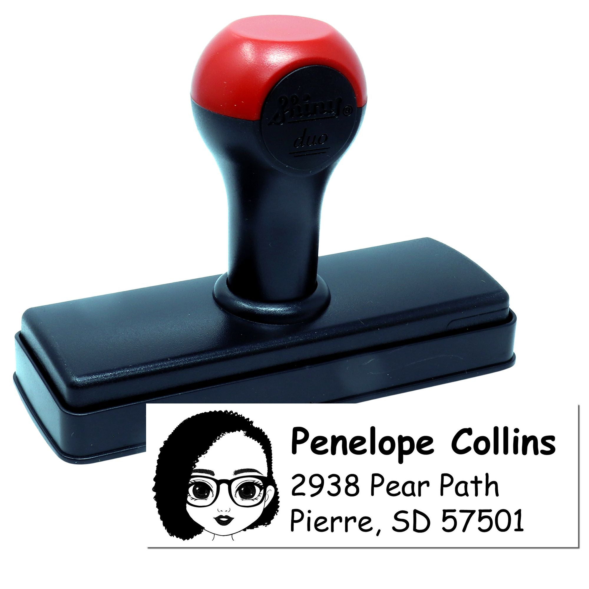 Self-inking rubber address stamp with custom name and address imprint for personalized mailing and stationery