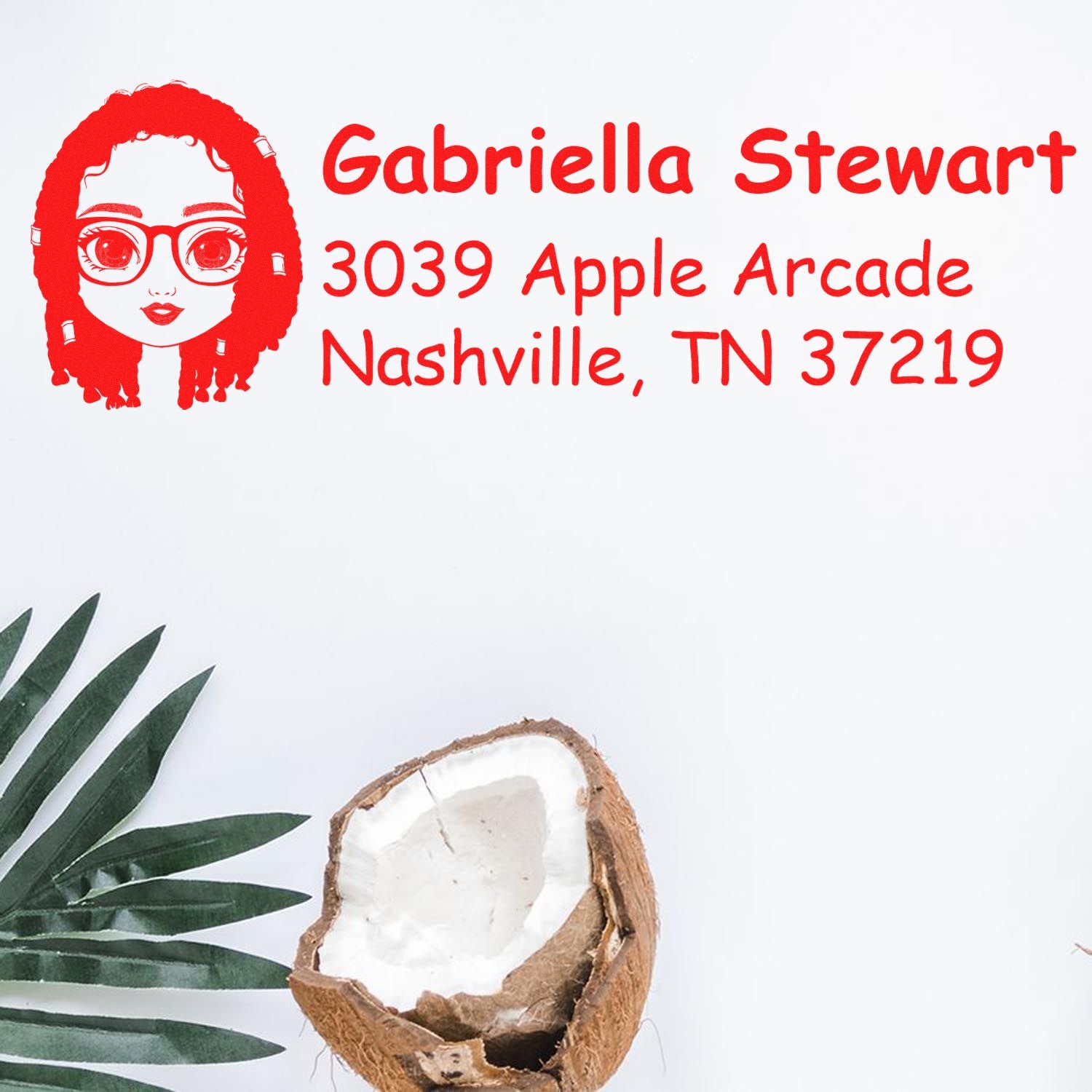Custom return address rubber stamp with portrait logo for Gabriella Stewart, Nashville, TN 37219
