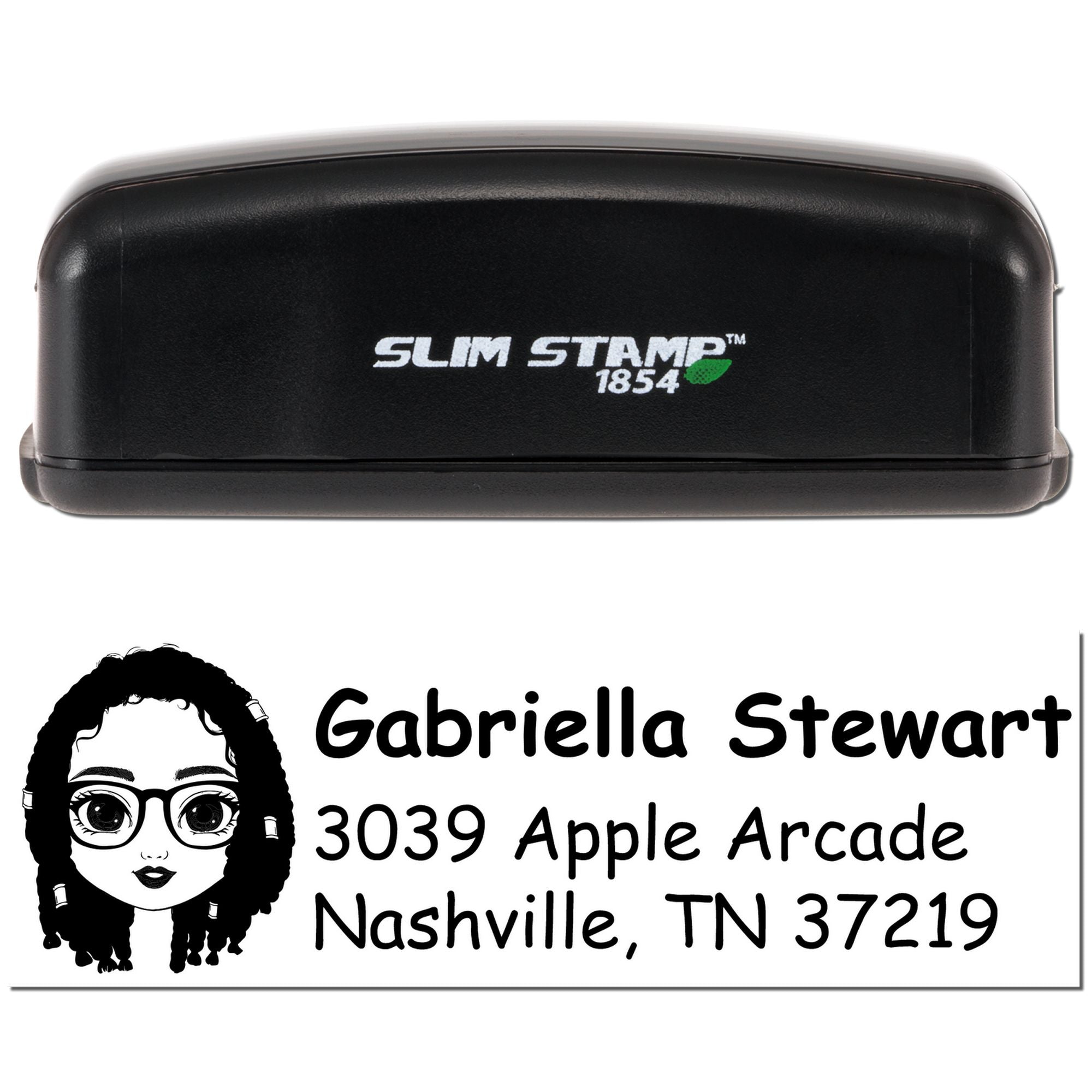Custom self-inking return address rubber stamp with portrait, name and Nashville address, Slim Stamp 1854.