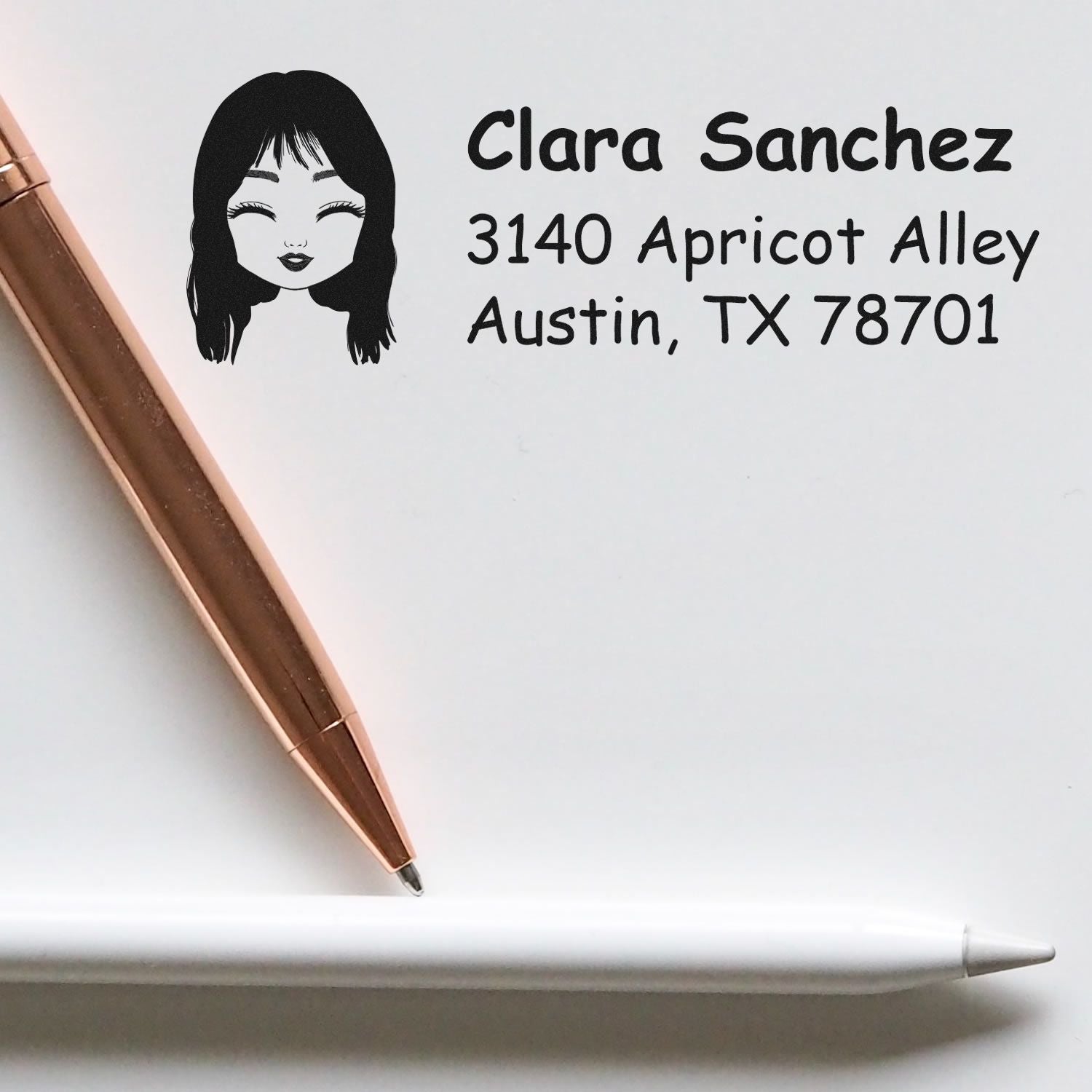 Personalized rubber return address stamp with avatar, Clara Sanchez, Austin TX 78701
