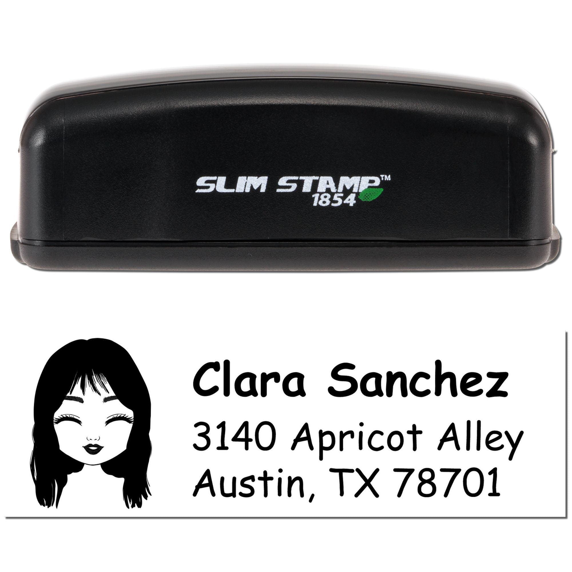 Custom Slim Stamp rubber address stamp with female icon, Clara Sanchez, 3140 Apricot Alley, Austin, TX 78701