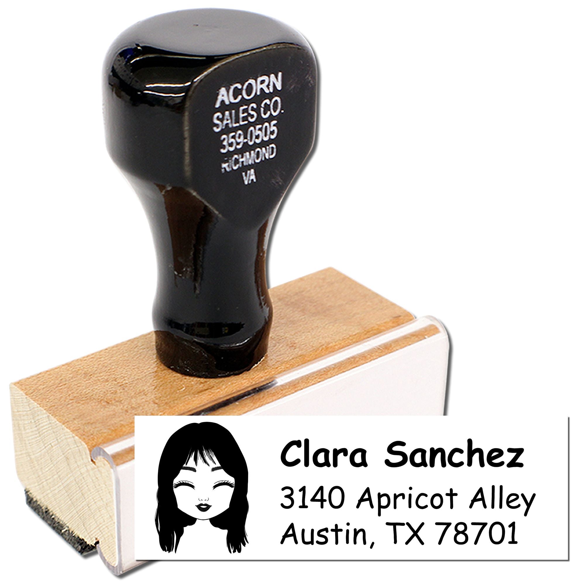 Custom rubber address stamp with name and return address, ideal for personalized envelopes, mail, and packaging.