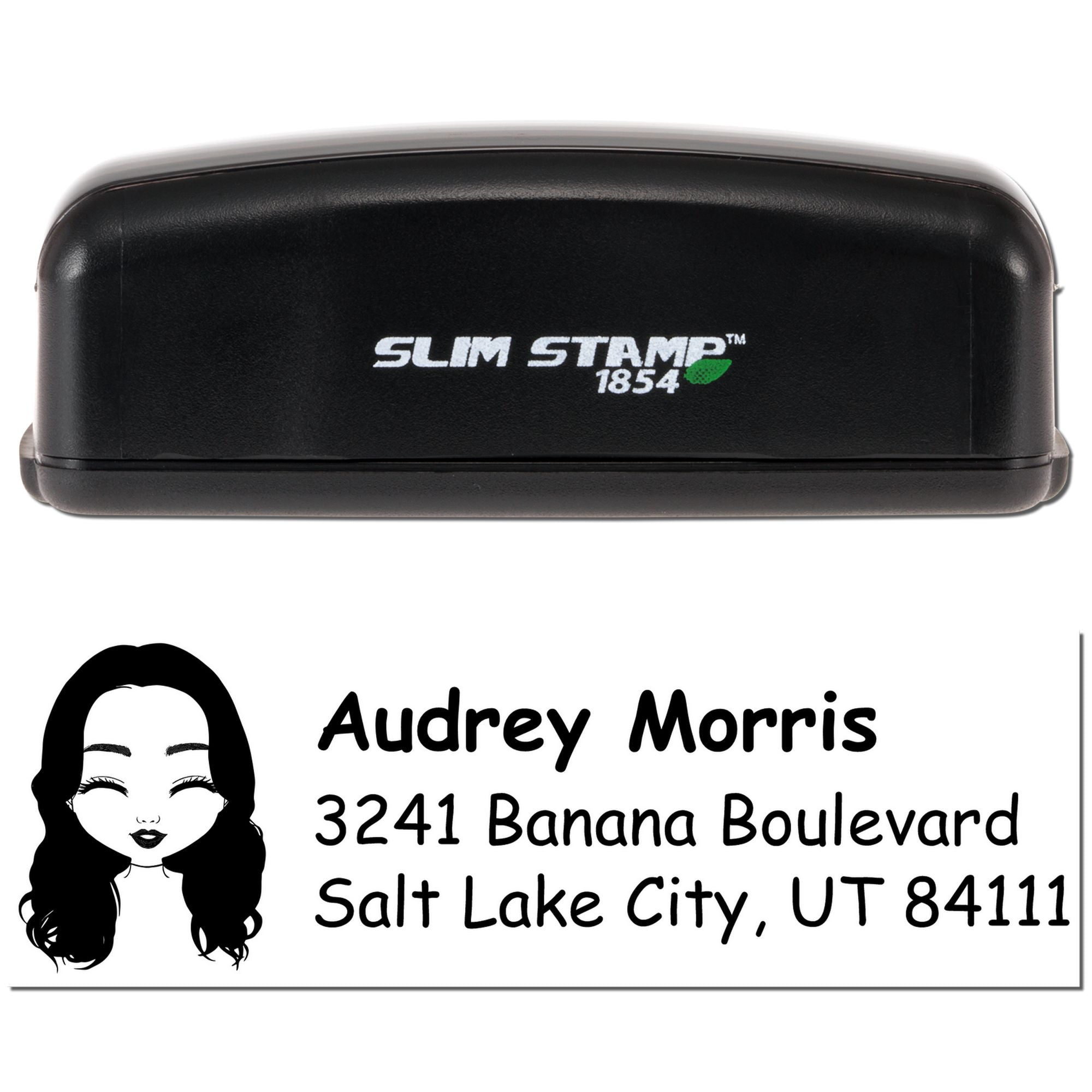 Slim Stamp 1854 self-inking custom address rubber stamp with portrait design and return mailing details for personalized envelopes.