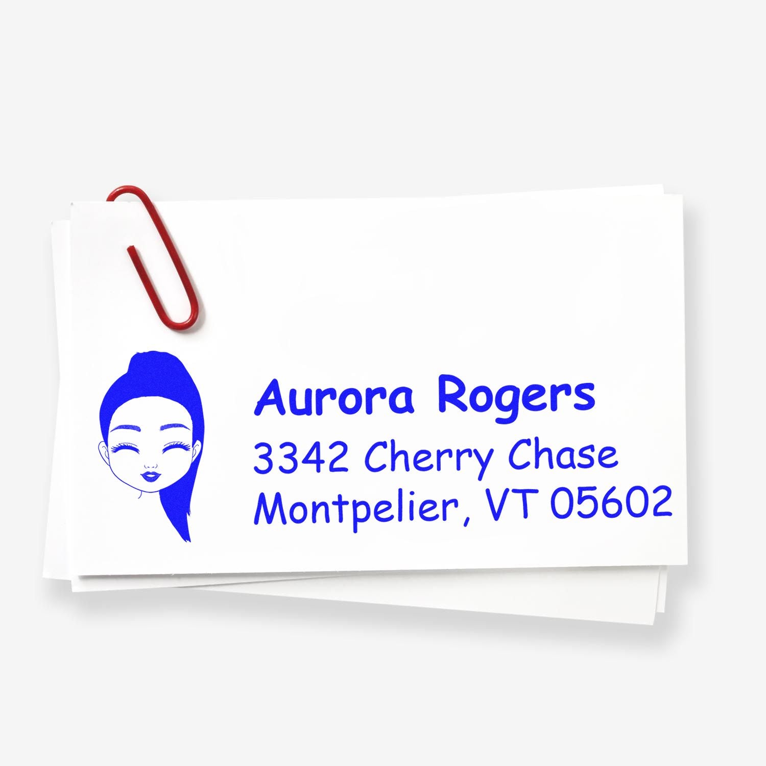 Custom rubber address stamp for Aurora Rogers, Montpelier VT, with personalized logo for mailing envelopes.