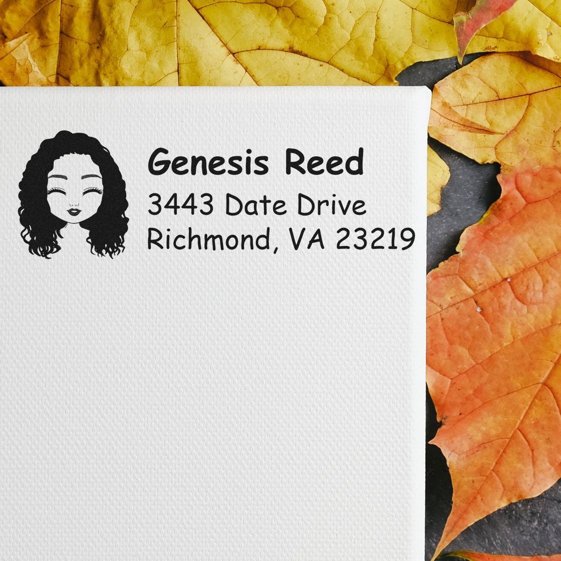 Personalized return address rubber stamp with female portrait icon, Genesis Reed name, and Richmond, VA mailing address.