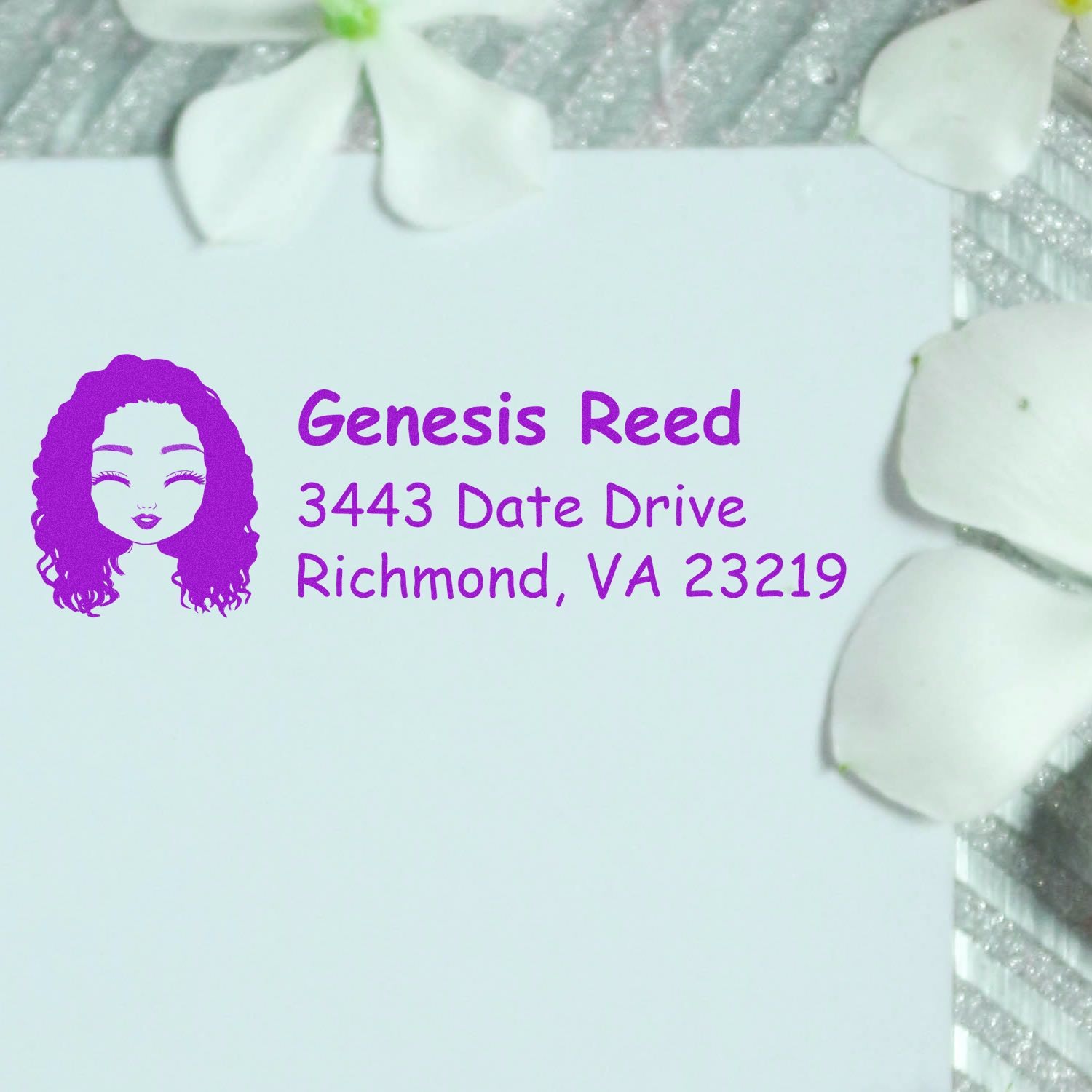 Custom rubber return address stamp for Genesis Reed, 3443 Date Drive, Richmond, VA 23219.