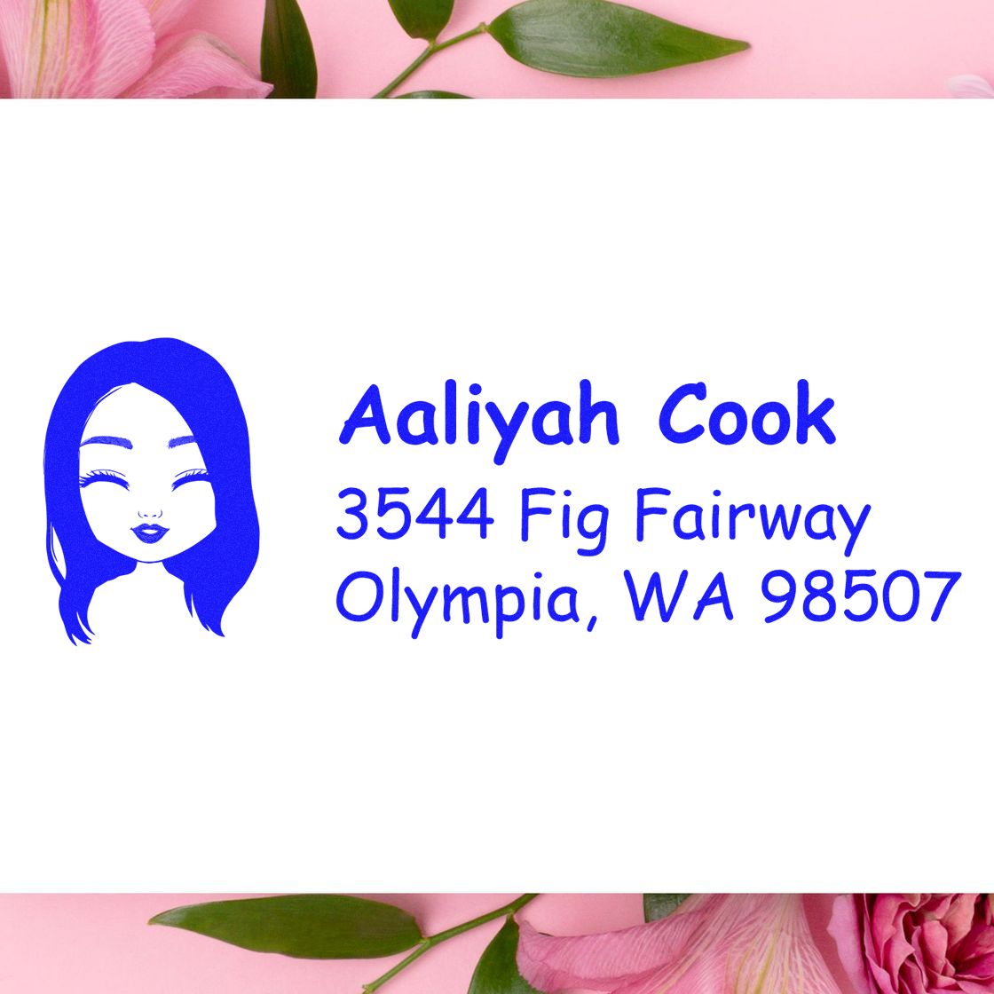 Custom return address rubber stamp with avatar logo for Aaliyah Cook, 3544 Fig Fairway, Olympia, WA 98507.