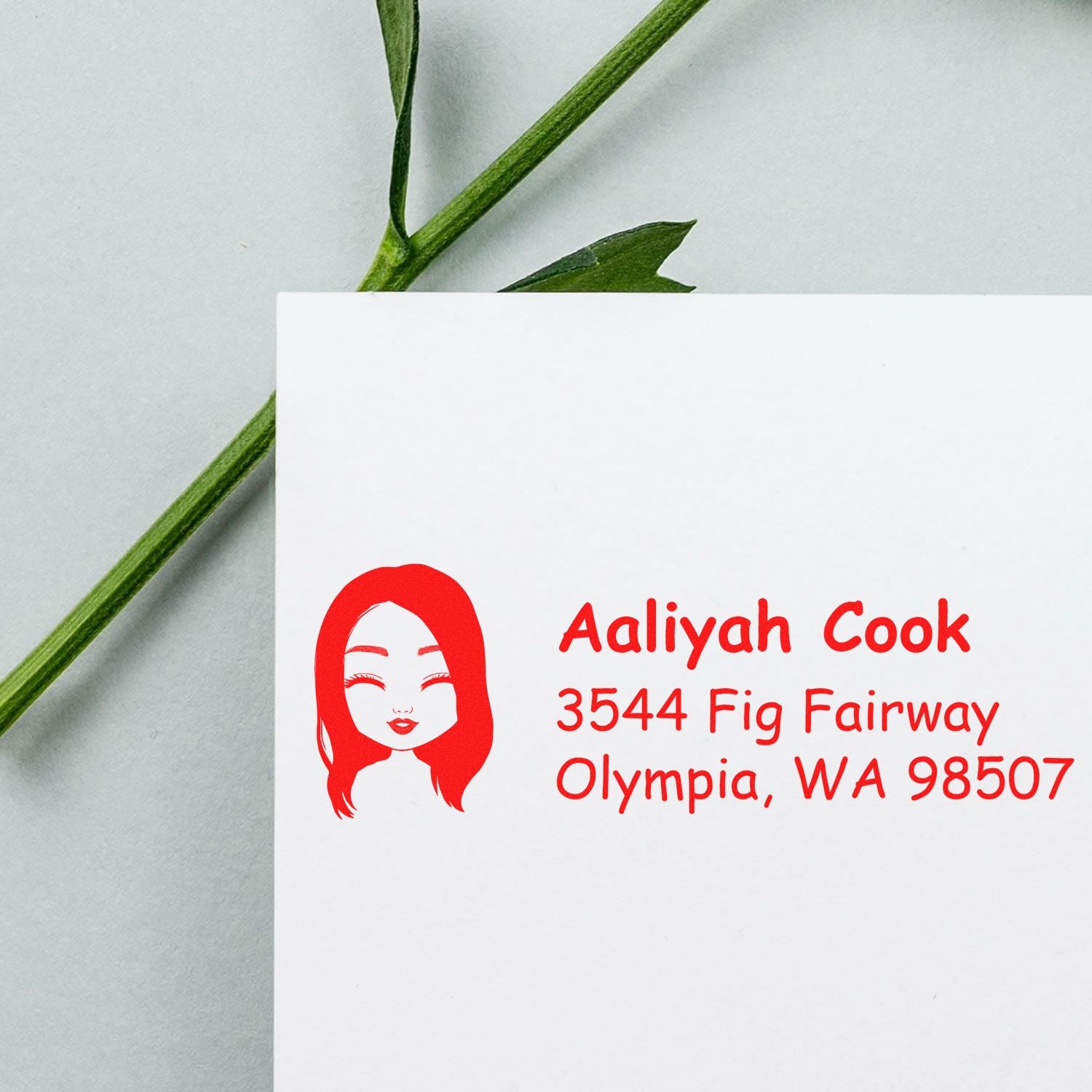 Personalized return address rubber stamp with female avatar, name, and Olympia, WA mailing address for custom mailing use.