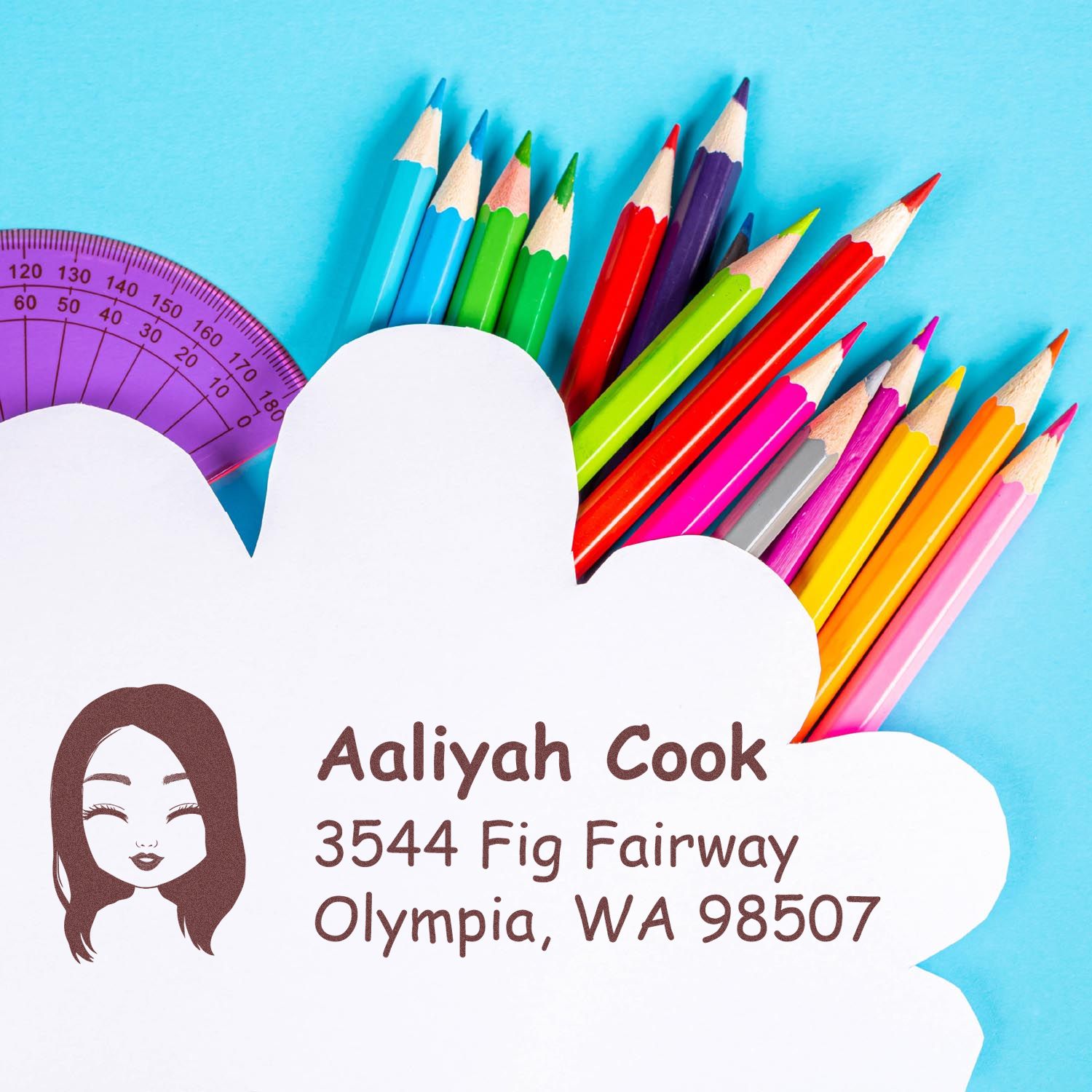 Personalized rubber address stamp with girl avatar, name, and school supplies for back-to-school mail.