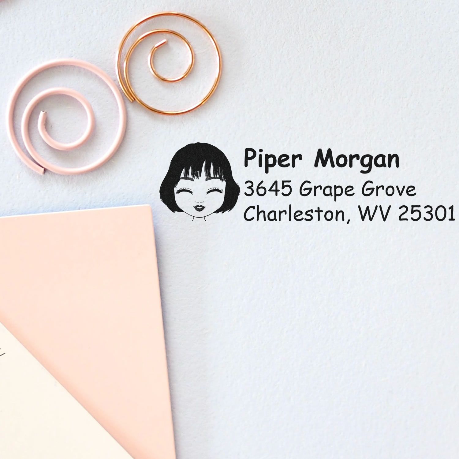 Personalized return address rubber stamp with female avatar logo for Piper Morgan in Charleston, WV.