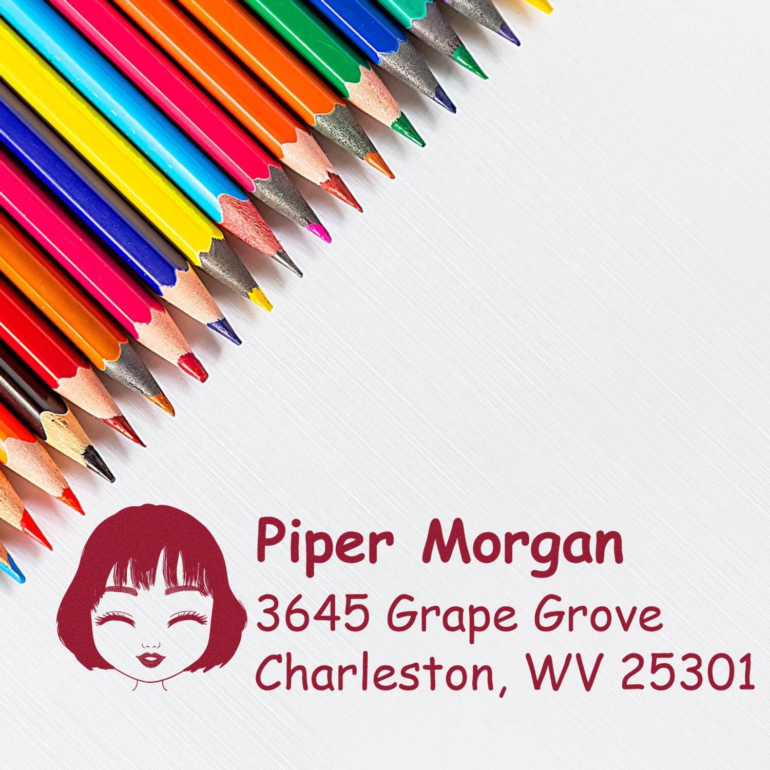 Custom return address rubber stamp with girl icon for Piper Morgan, 3645 Grape Grove, Charleston, WV 25301