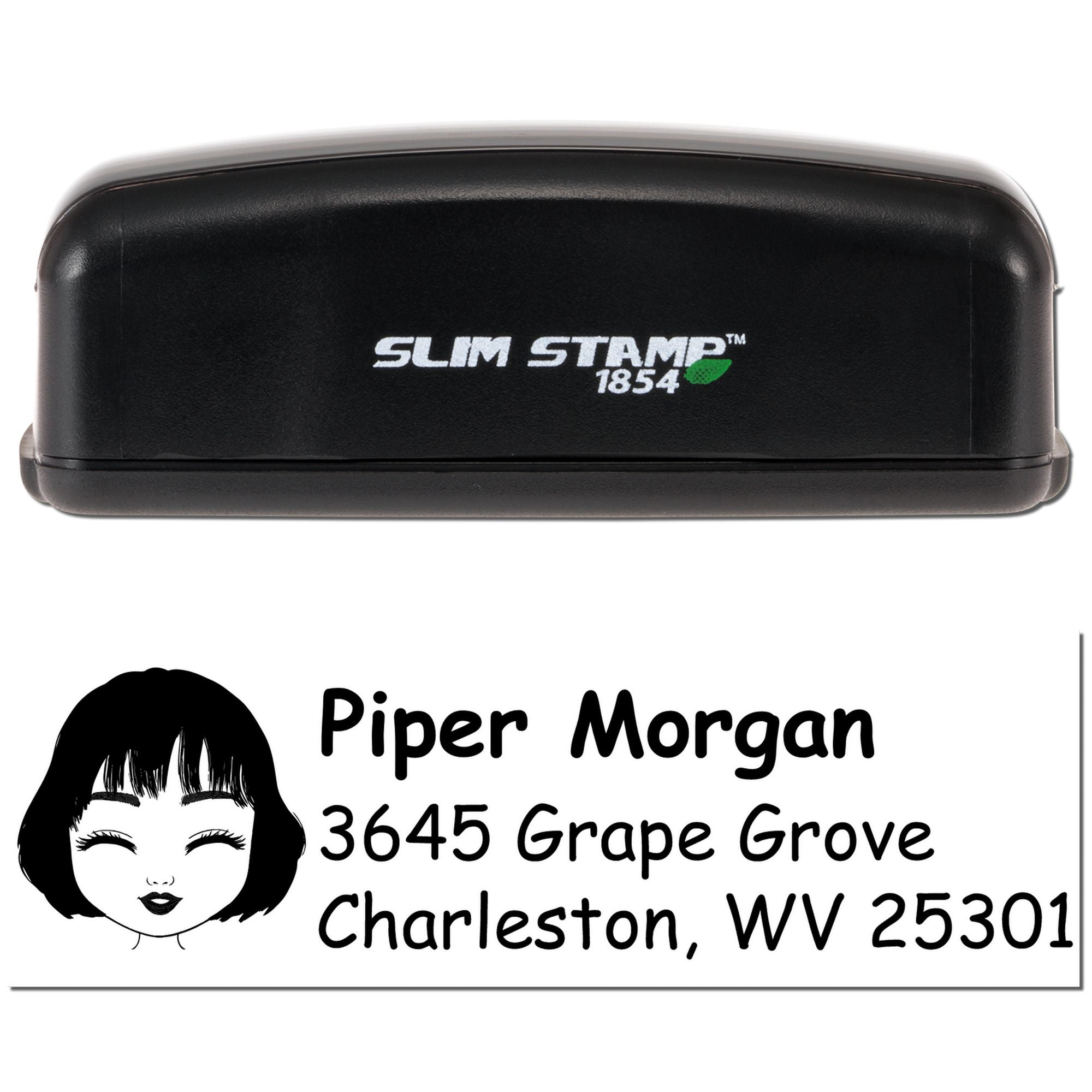 Custom Slim Stamp 1854 self-inking rubber stamp with Piper Morgan Charleston, WV return address design.