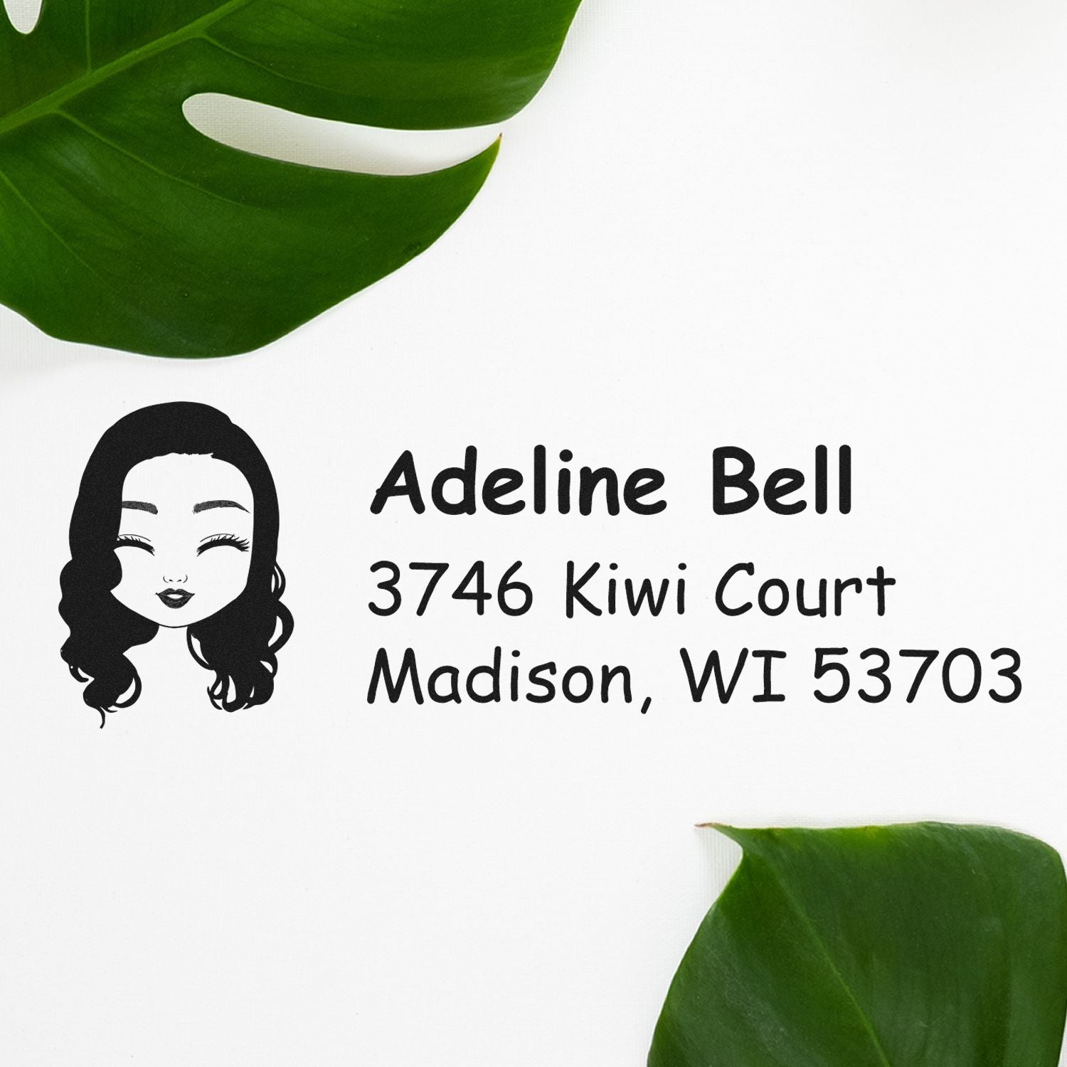 Personalized return address rubber stamp with female avatar, Adeline Bell name, and Madison, WI mailing address