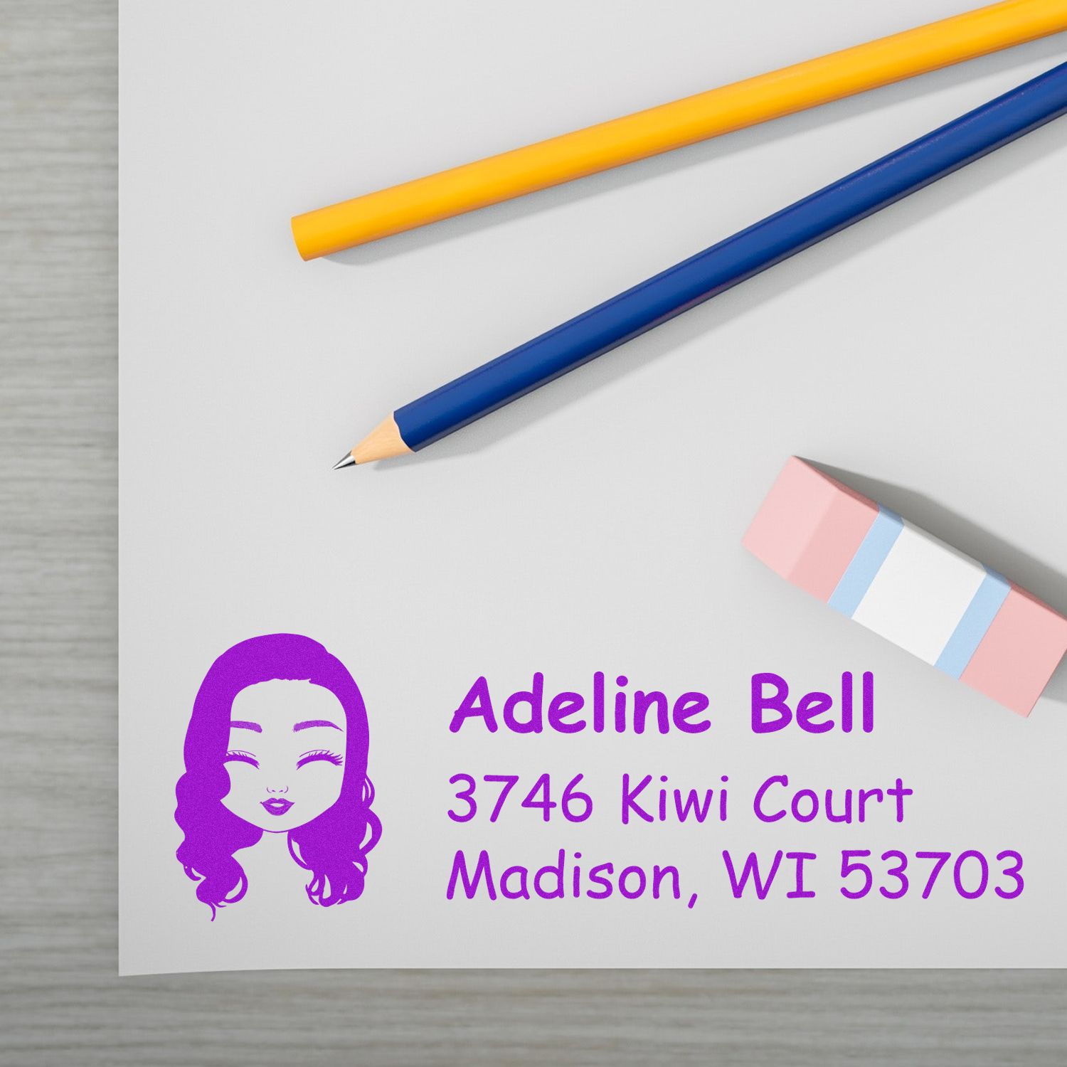Custom address rubber stamp imprint with female icon, Adeline Bell, 3746 Kiwi Court, Madison, WI 53703.