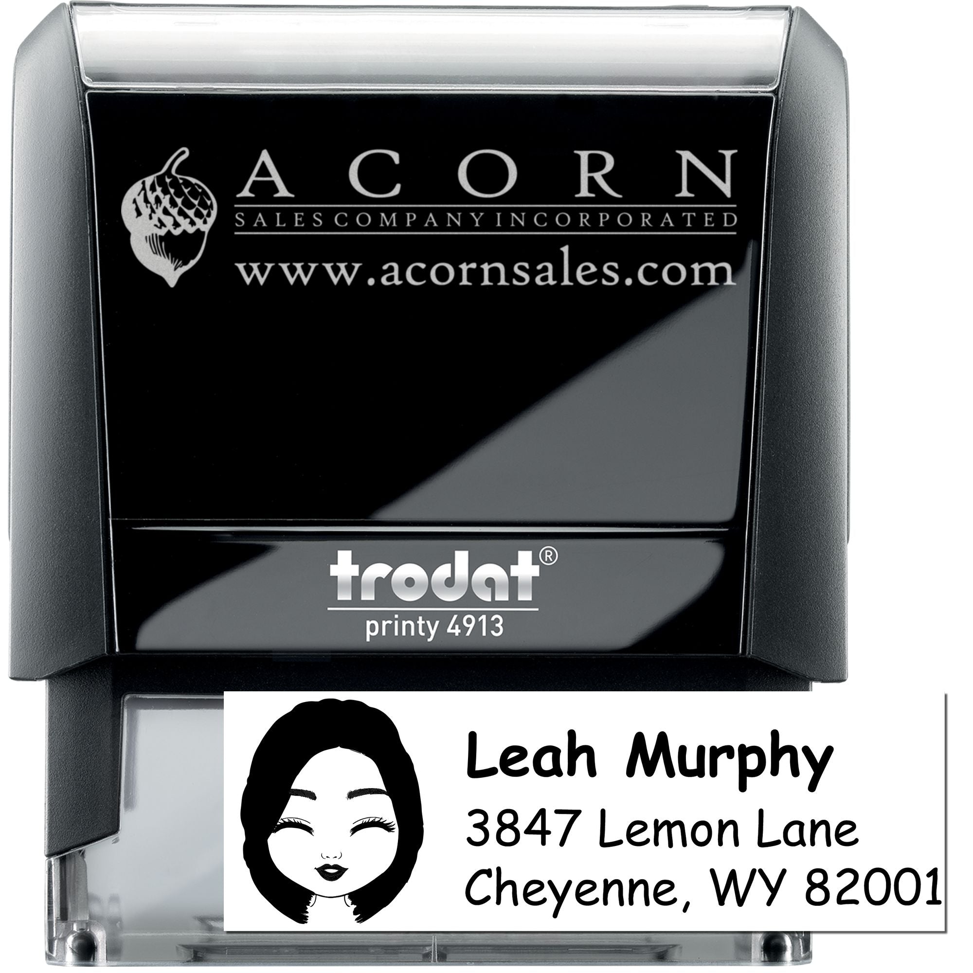 Trodat Printy 4913 self-inking custom rubber stamp with logo and personalized address stamp for business mailing.
