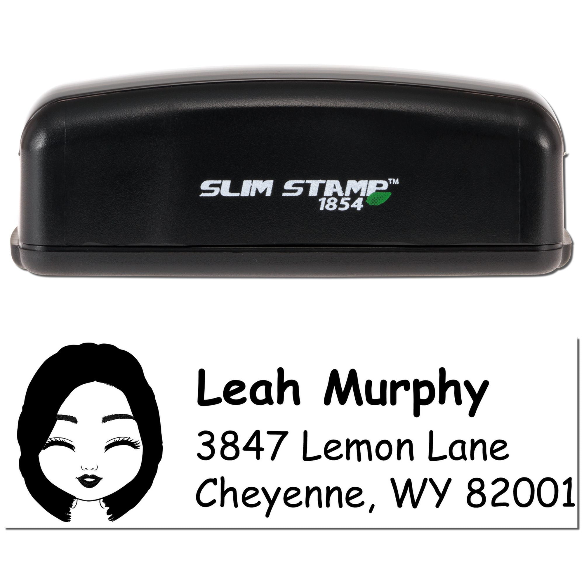 Custom return address rubber stamp for Leah Murphy, Cheyenne, WY 82001, with Slim Stamp 1854 case.