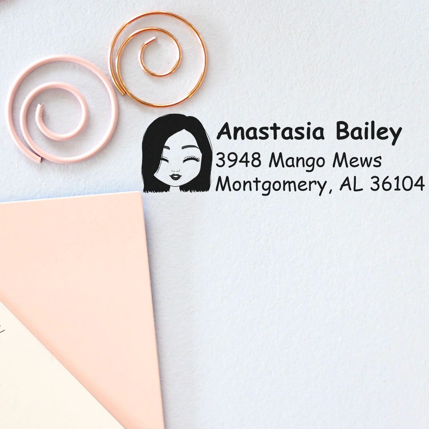 Personalized return address rubber stamp with name Anastasia Bailey and Montgomery, AL address for envelopes.