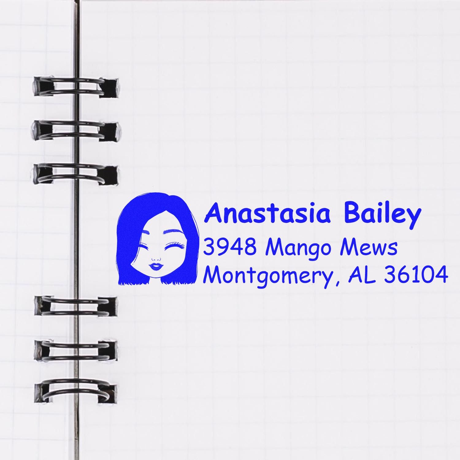 Personalized rubber address stamp with name, icon, and Montgomery, AL 36104 mailing address.