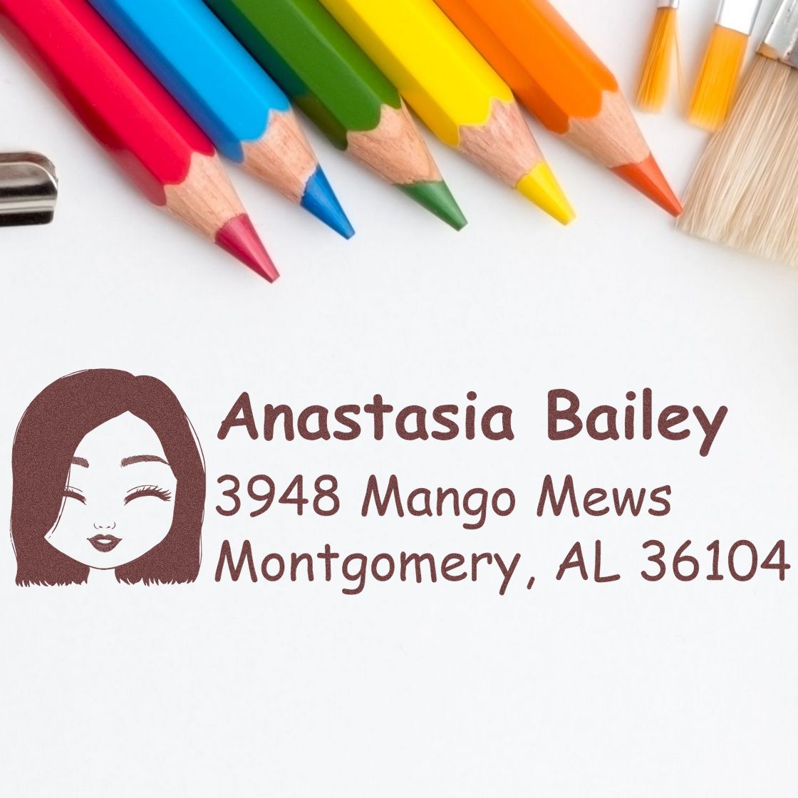 Personalized return address rubber stamp with illustrated portrait, name Anastasia Bailey, and Montgomery, AL address.