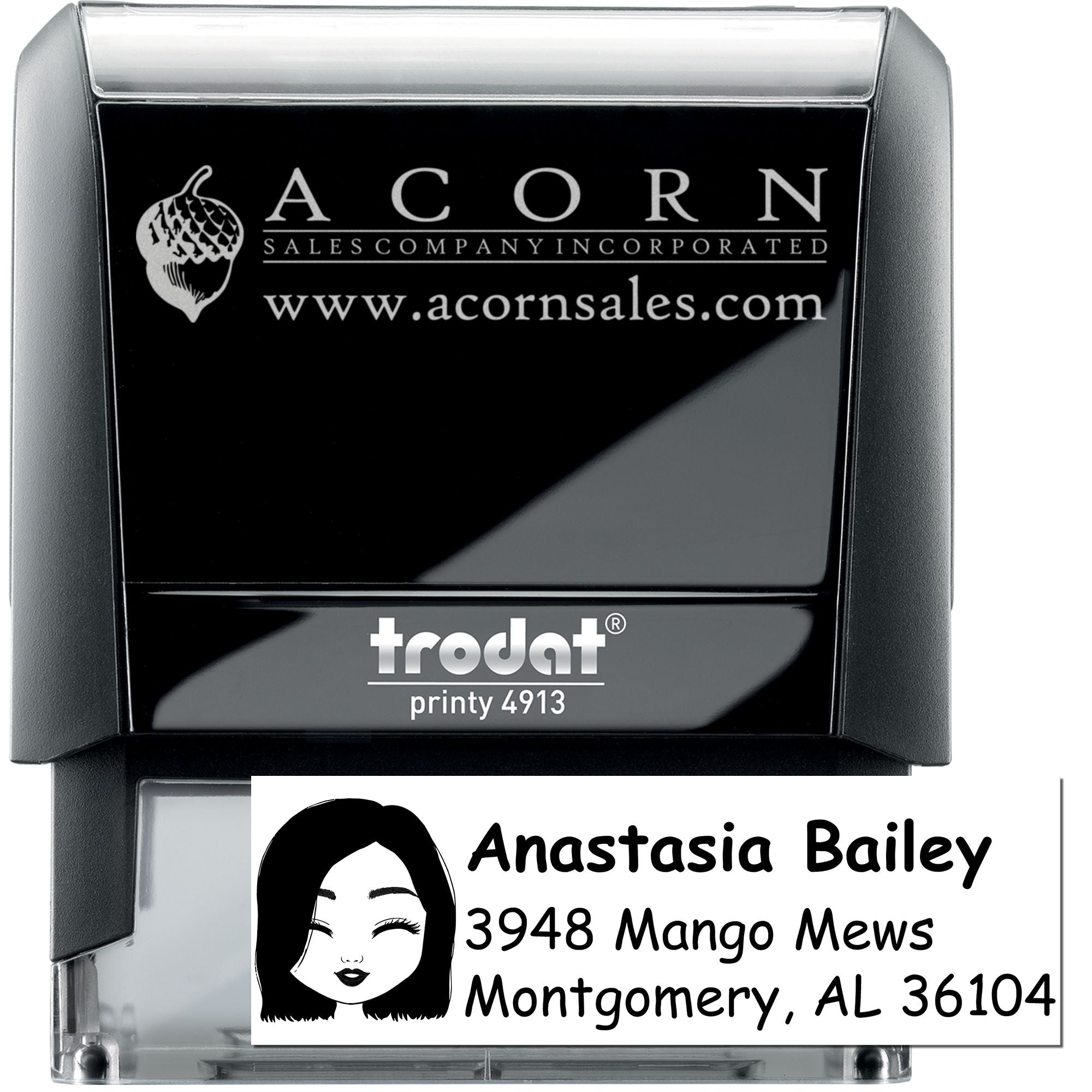 Trodat Printy 4913 self-inking rubber stamp with custom logo and address stamp for business branding