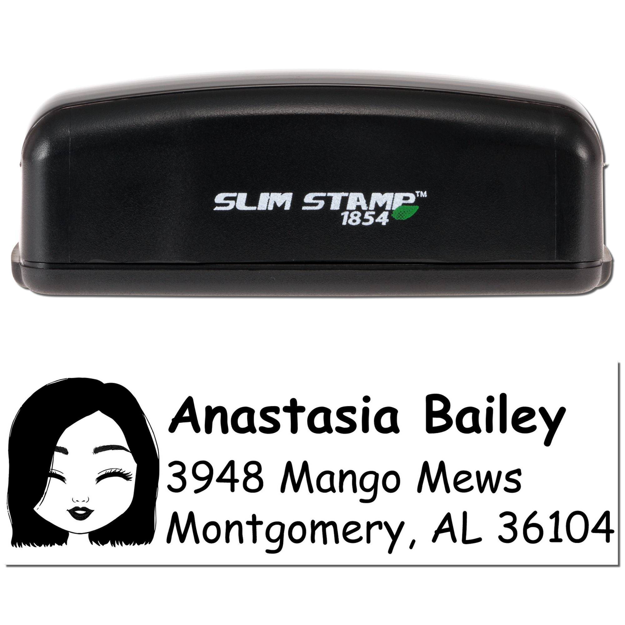Custom Slim Stamp 1854 self-inking rubber address stamp with name, avatar, and Montgomery, AL mailing address for personalized mailings.
