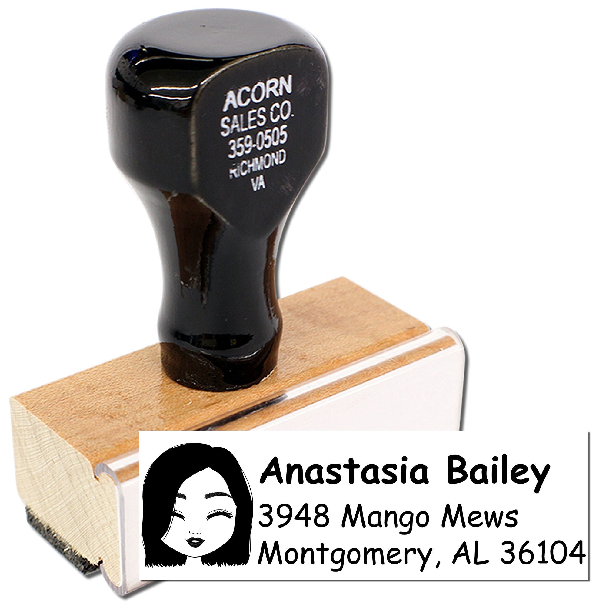 Custom return address rubber stamp with name and address for Anastasia Bailey, Montgomery, AL 36104