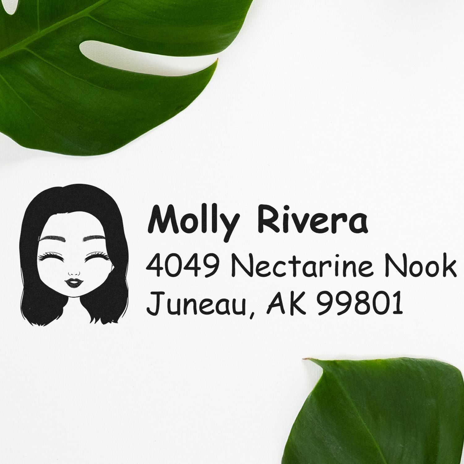 Personalized rubber return address stamp with name Molly Rivera and Juneau, AK mailing address.