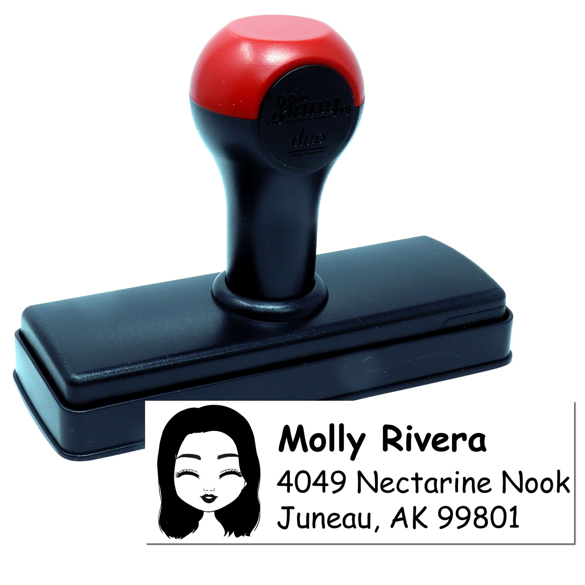 Personalized self-inking rubber address stamp with custom name and return address imprint sample.