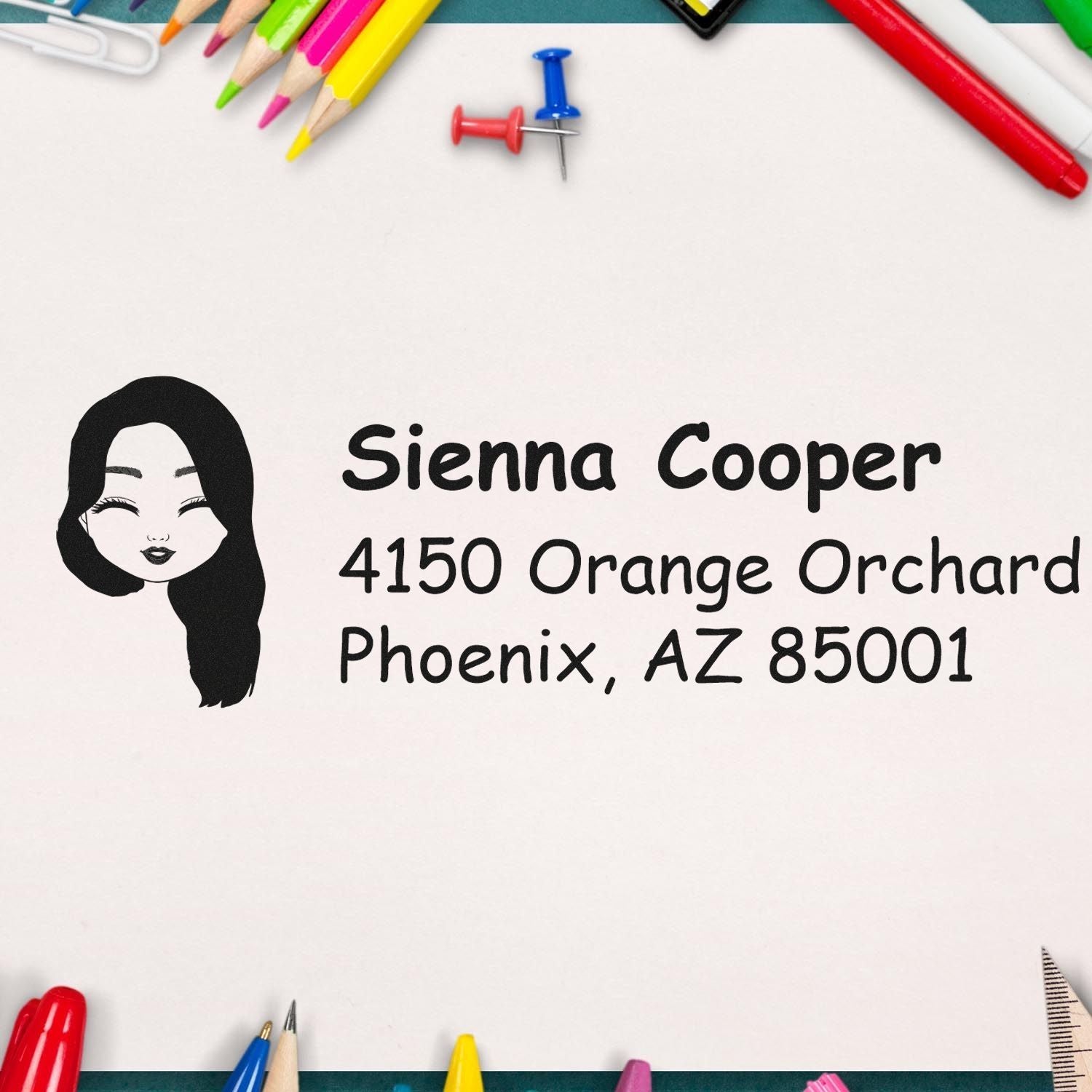 Personalized address rubber stamp featuring Sienna Cooper, Phoenix AZ address and woman icon for envelopes and crafts.