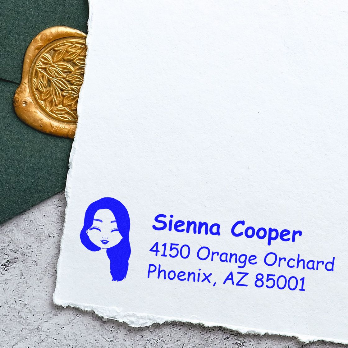 Custom blue rubber address stamp for Sienna Cooper with logo and Phoenix, AZ return address.