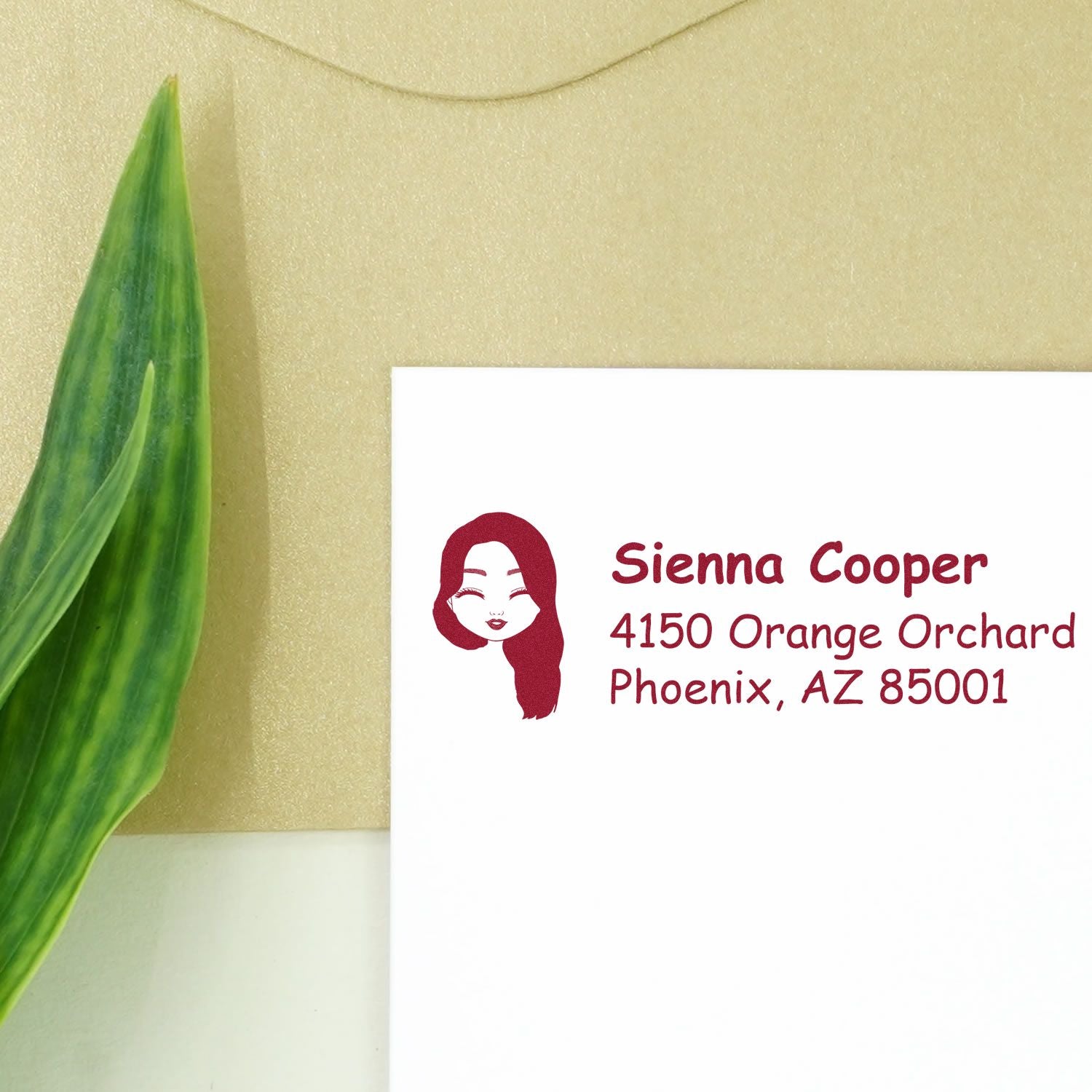 Personalized return address rubber stamp with name and Phoenix, AZ address for Sienna Cooper.