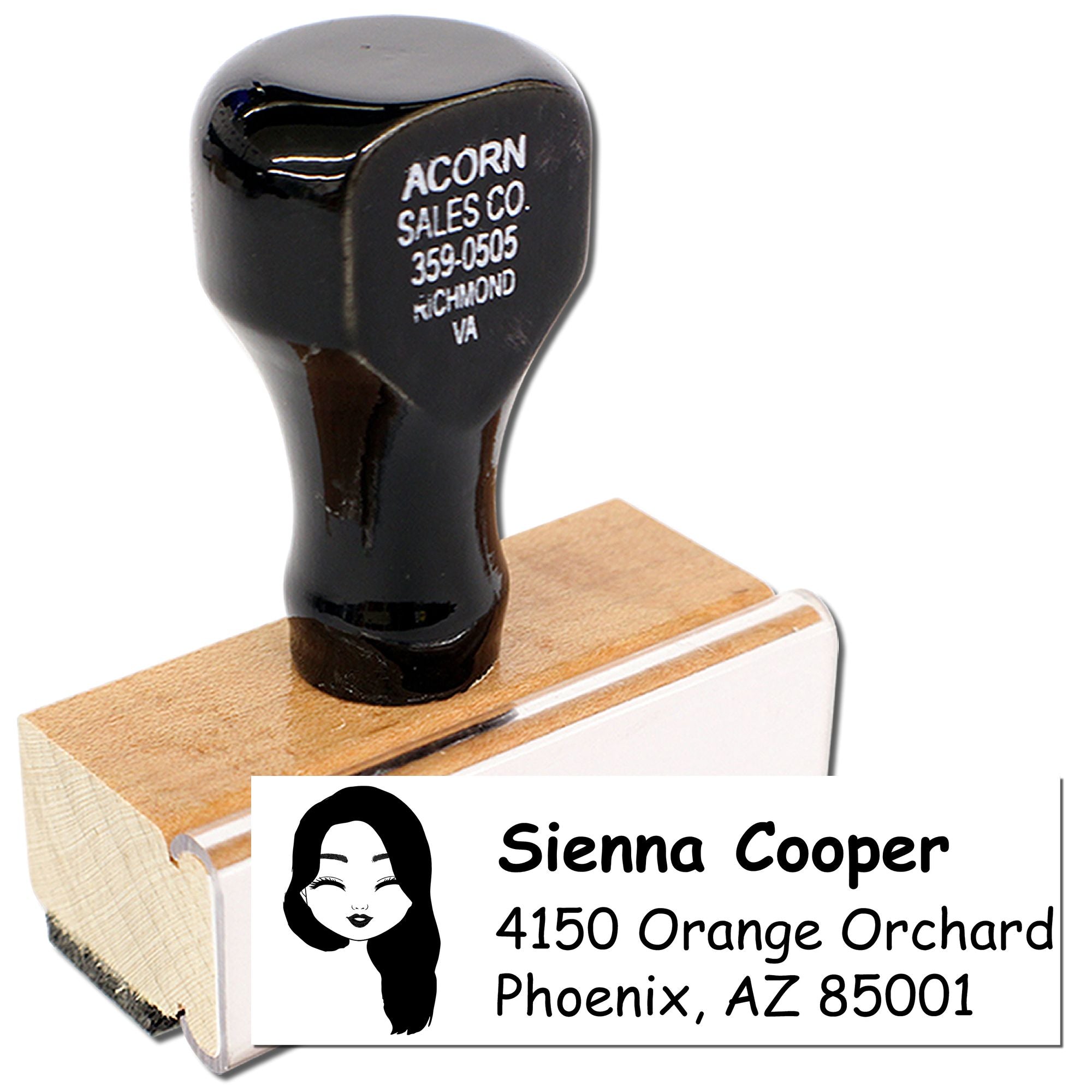 Custom return address rubber stamp with name, address, and female silhouette for personalized mailing labels.