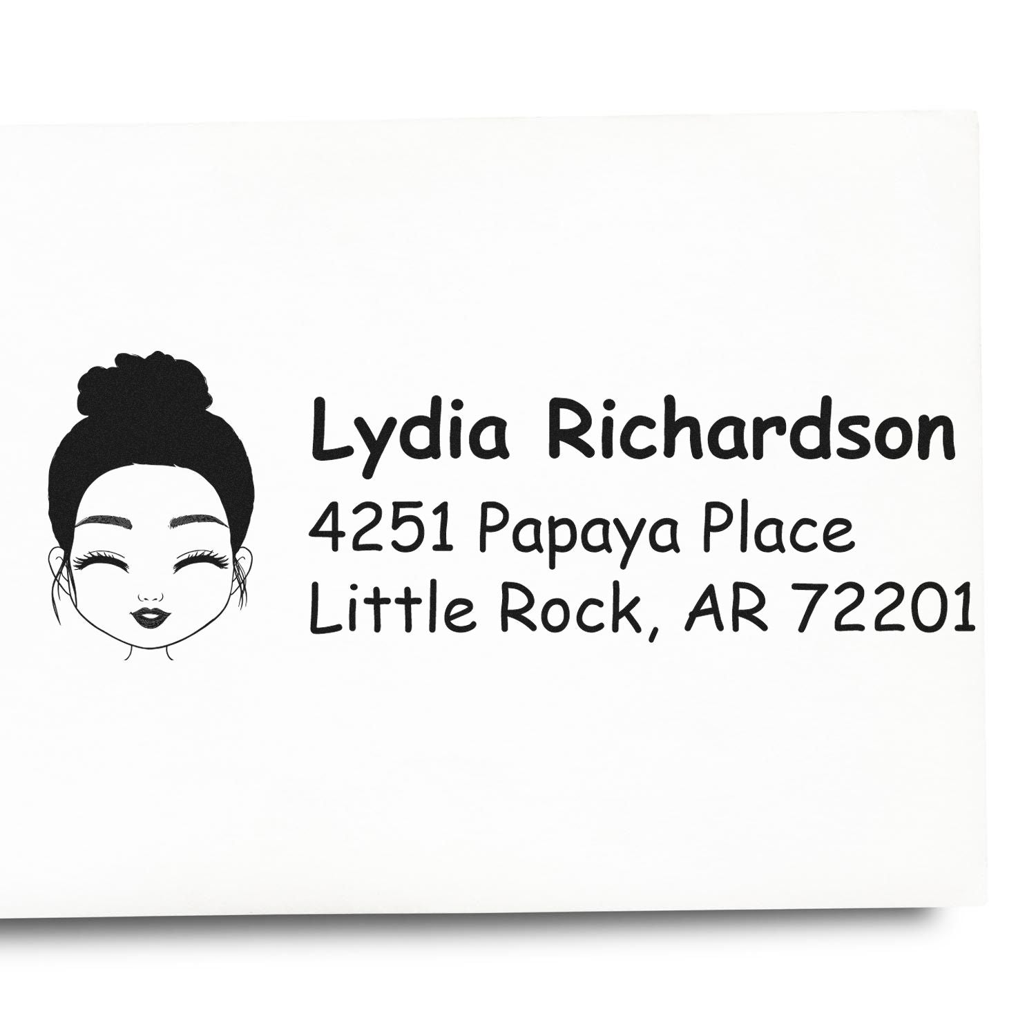 Custom rubber address stamp with girl face icon, Lydia Richardson, 4251 Papaya Place, Little Rock, AR 72201