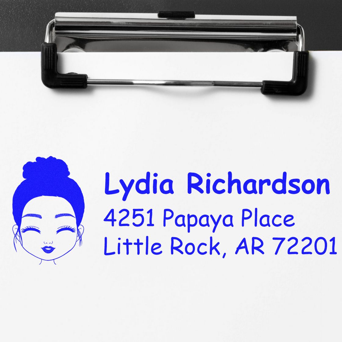 Custom return address rubber stamp with female logo for Lydia Richardson, 4251 Papaya Place, Little Rock, AR 72201