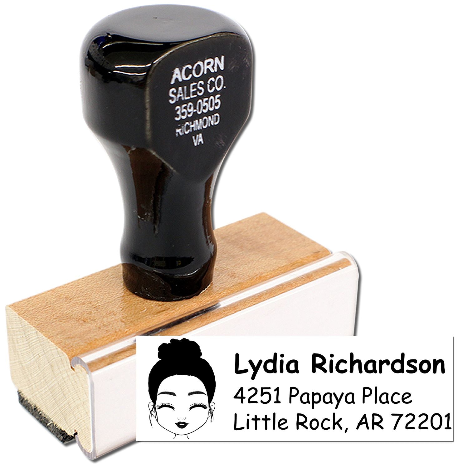 Custom self-inking rubber address stamp with personalized name and return address for mail, business, or wedding use